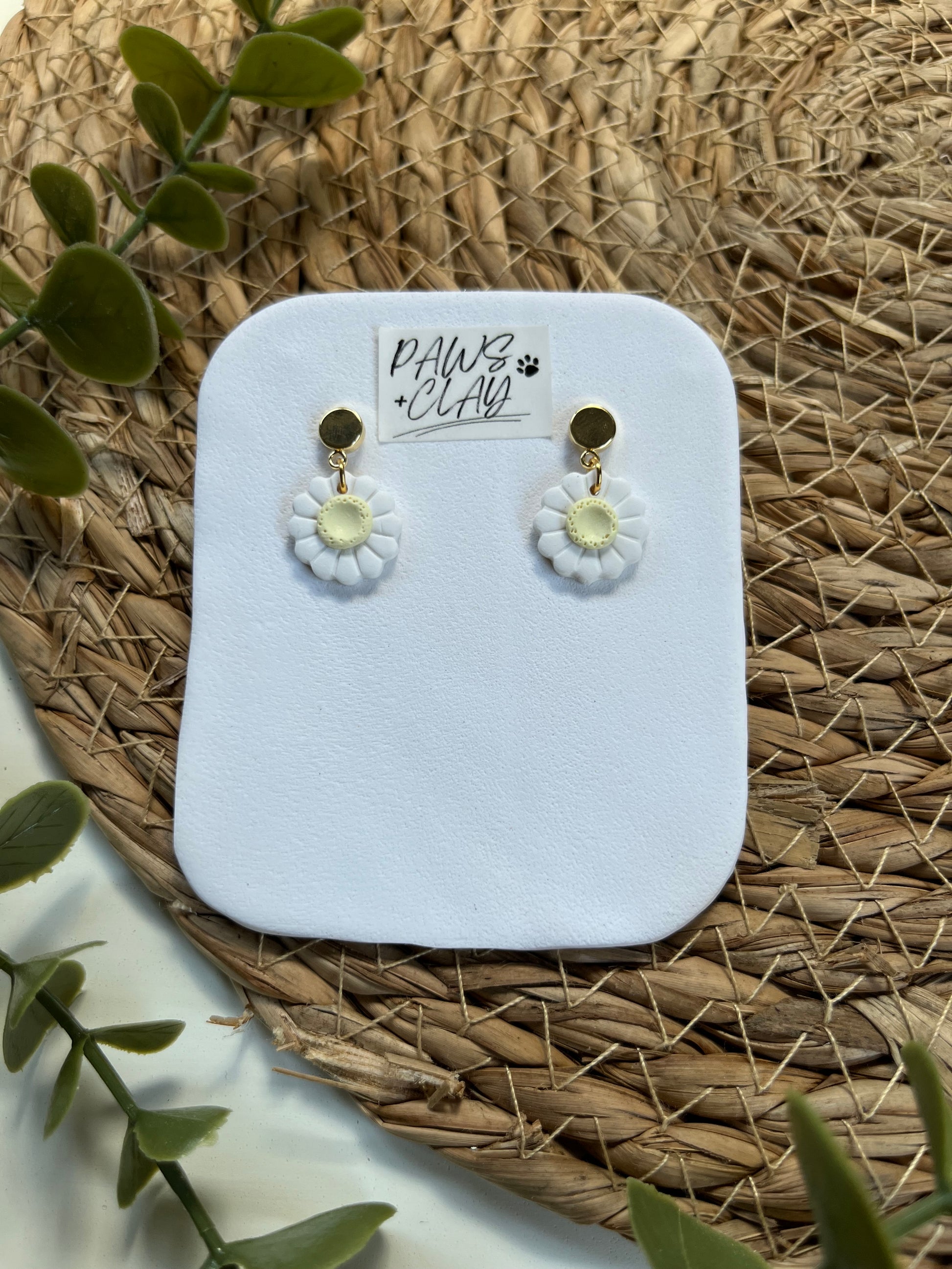 White Daisy Polymer Clay Earrings