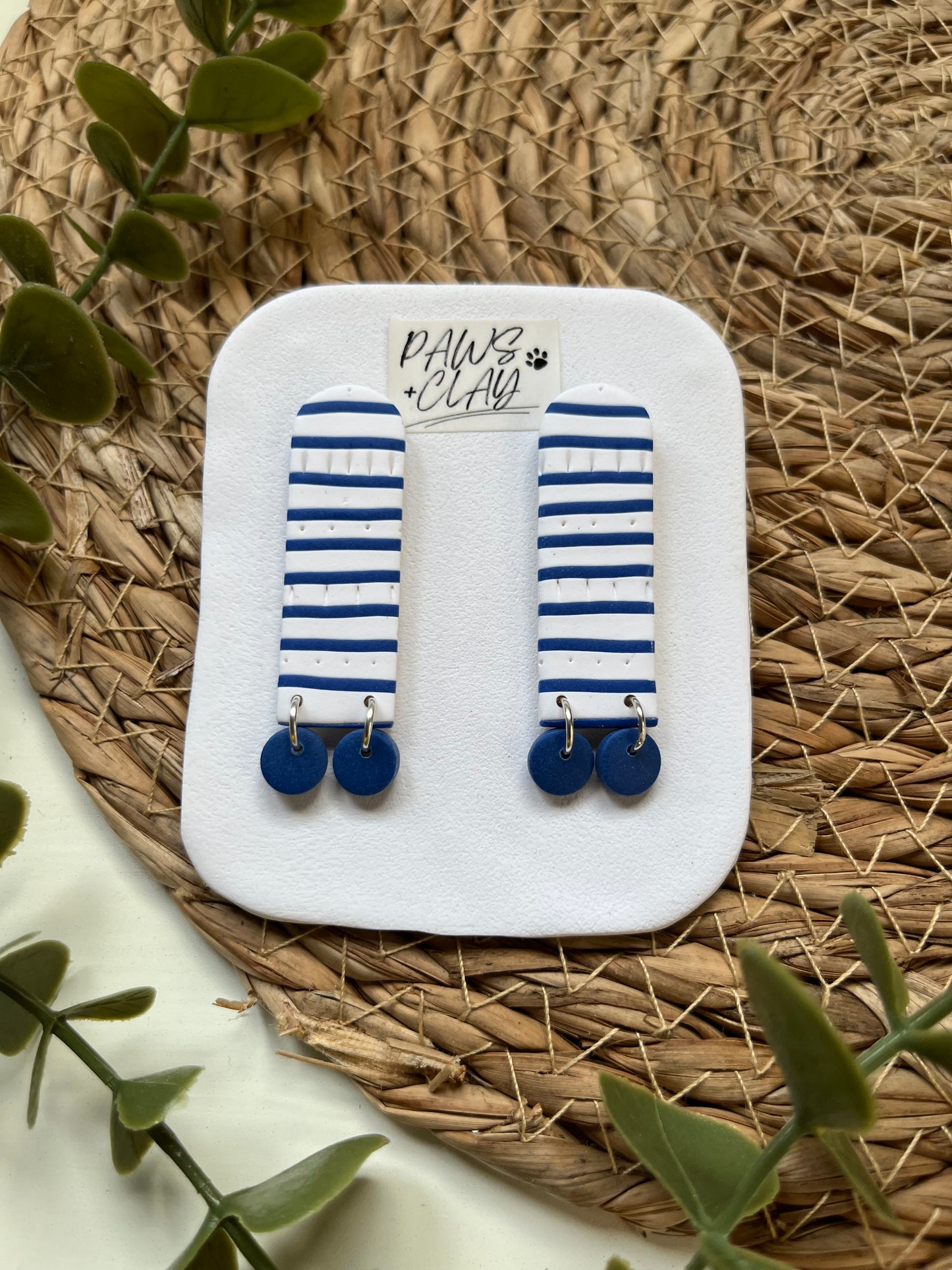 Navy and White Striped Polymer Clay Earrings