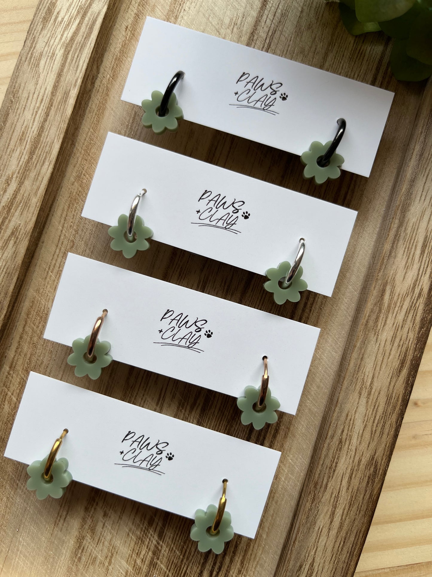 Olive Green Floral Huggie Earrings