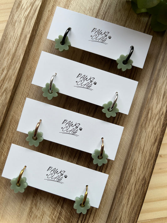 Olive Green Floral Huggie Earrings