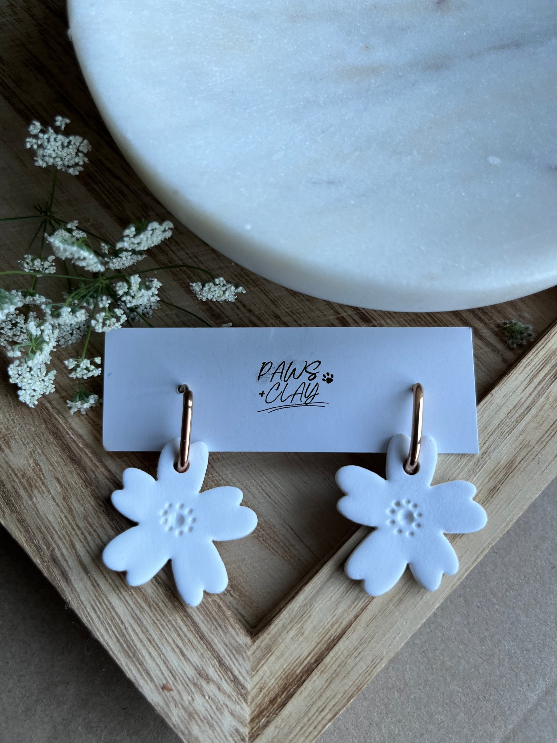 White Flower Huggie Earrings