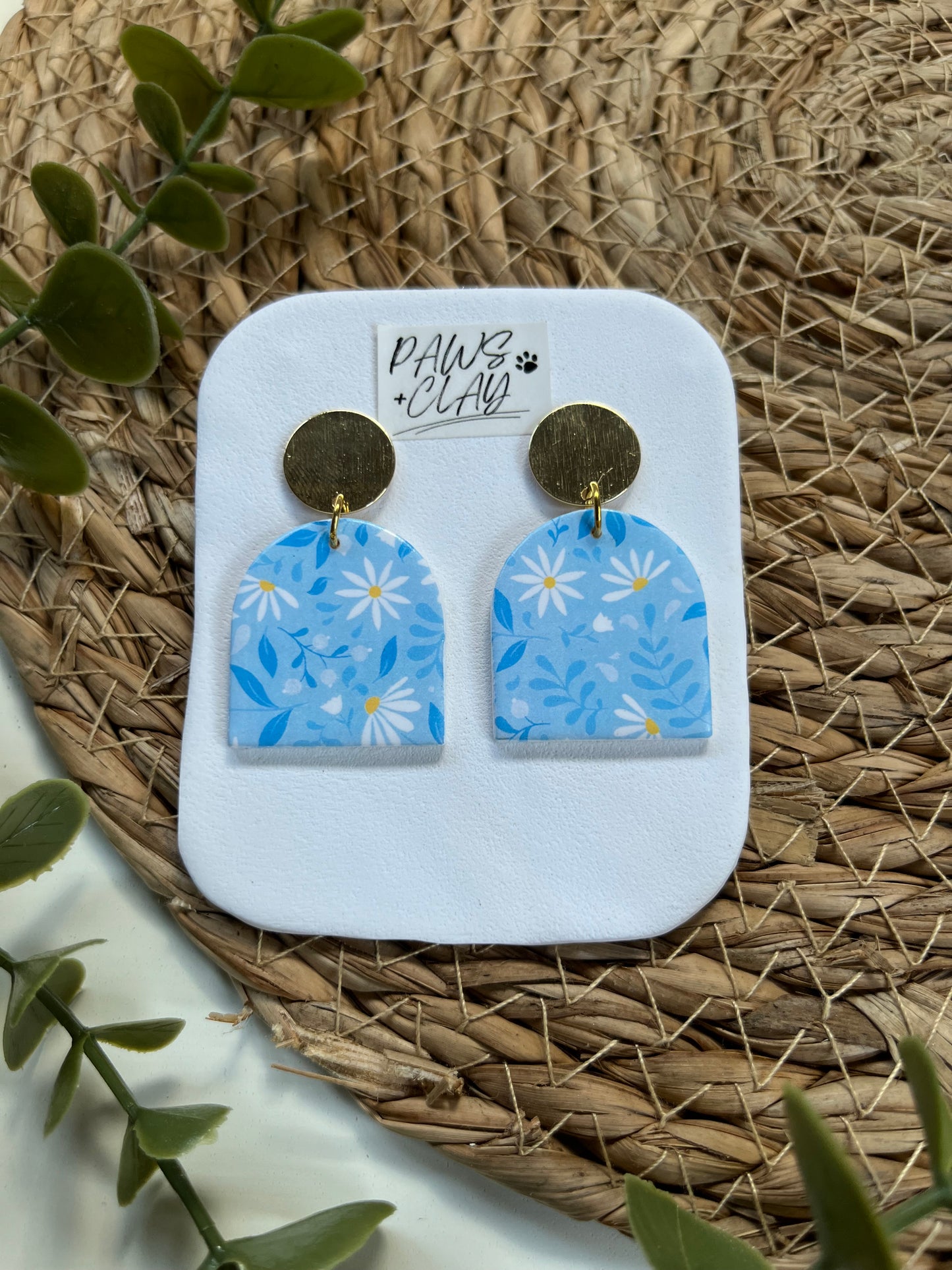 Blue and White Daisy Polymer Clay Earrings