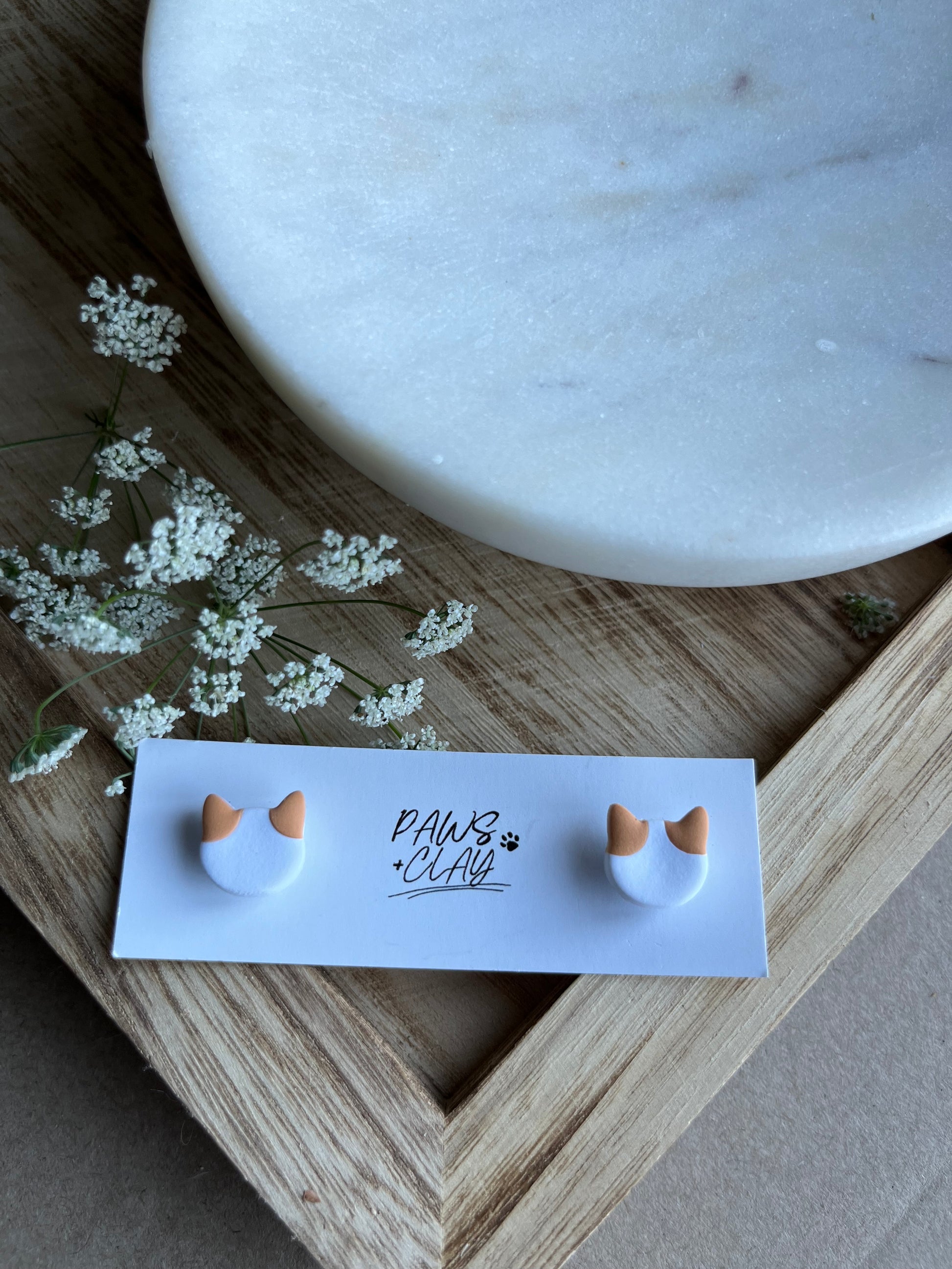 Champagne and White Cat Polymer Clay Earring Studs