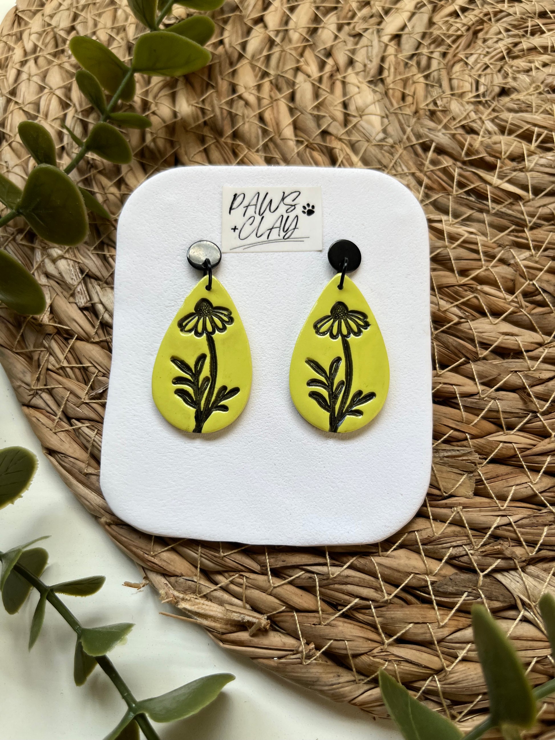 Lime Green Imprinted Flower Polymer Clay Earrings