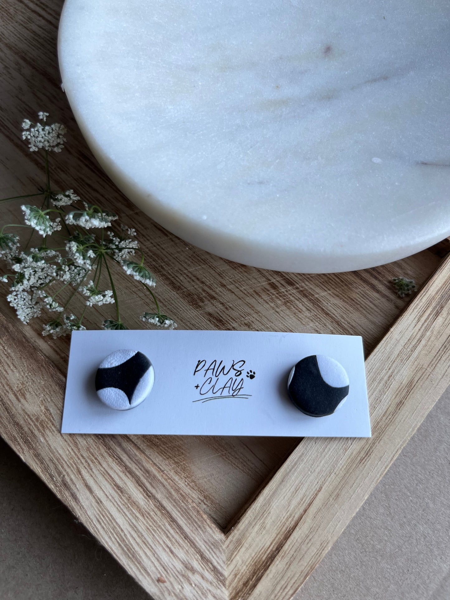 Black and White Spotted Polymer Clay Earring Studs