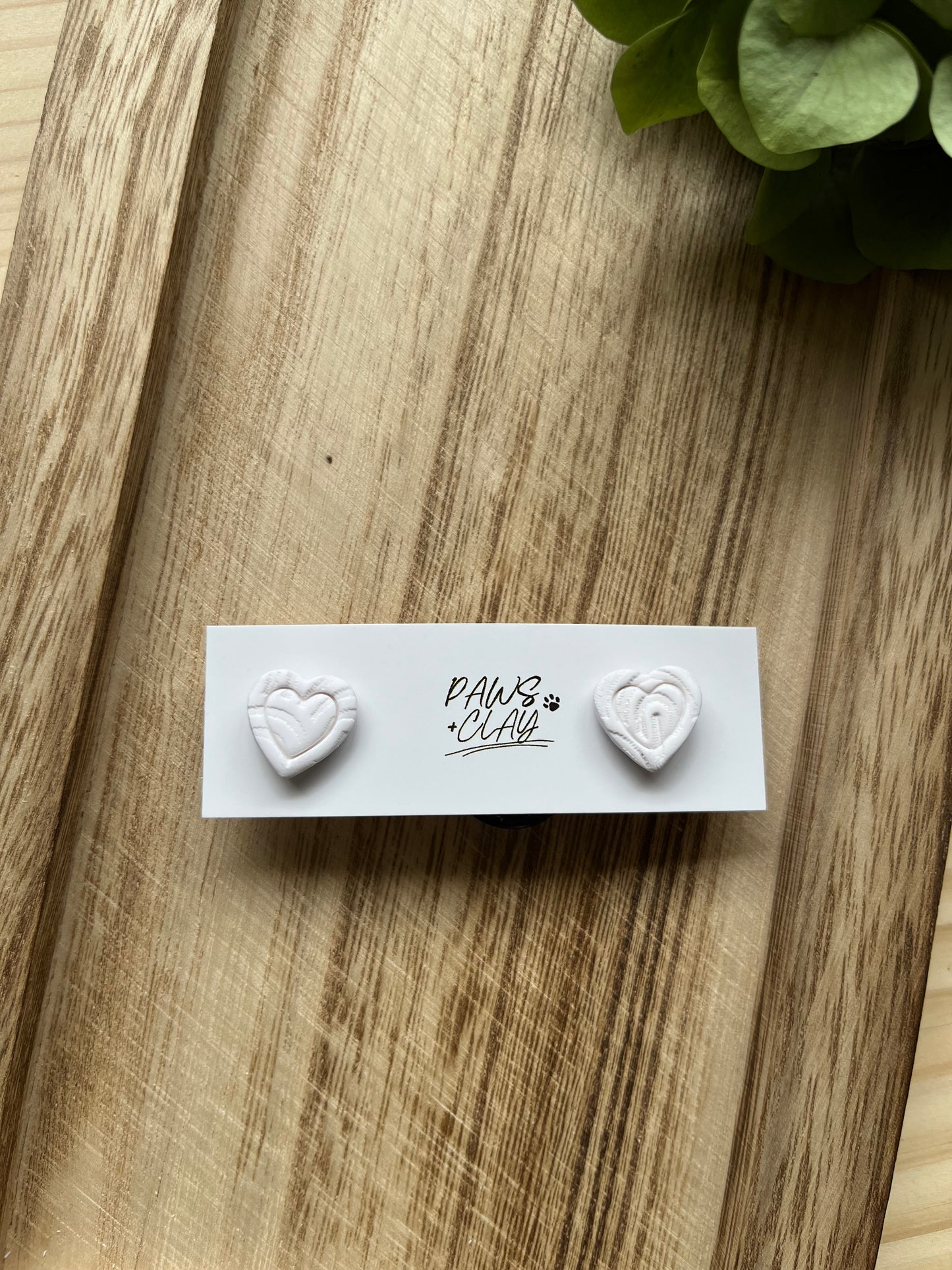 White Embossed Heart Polymer Clay Earring Studs