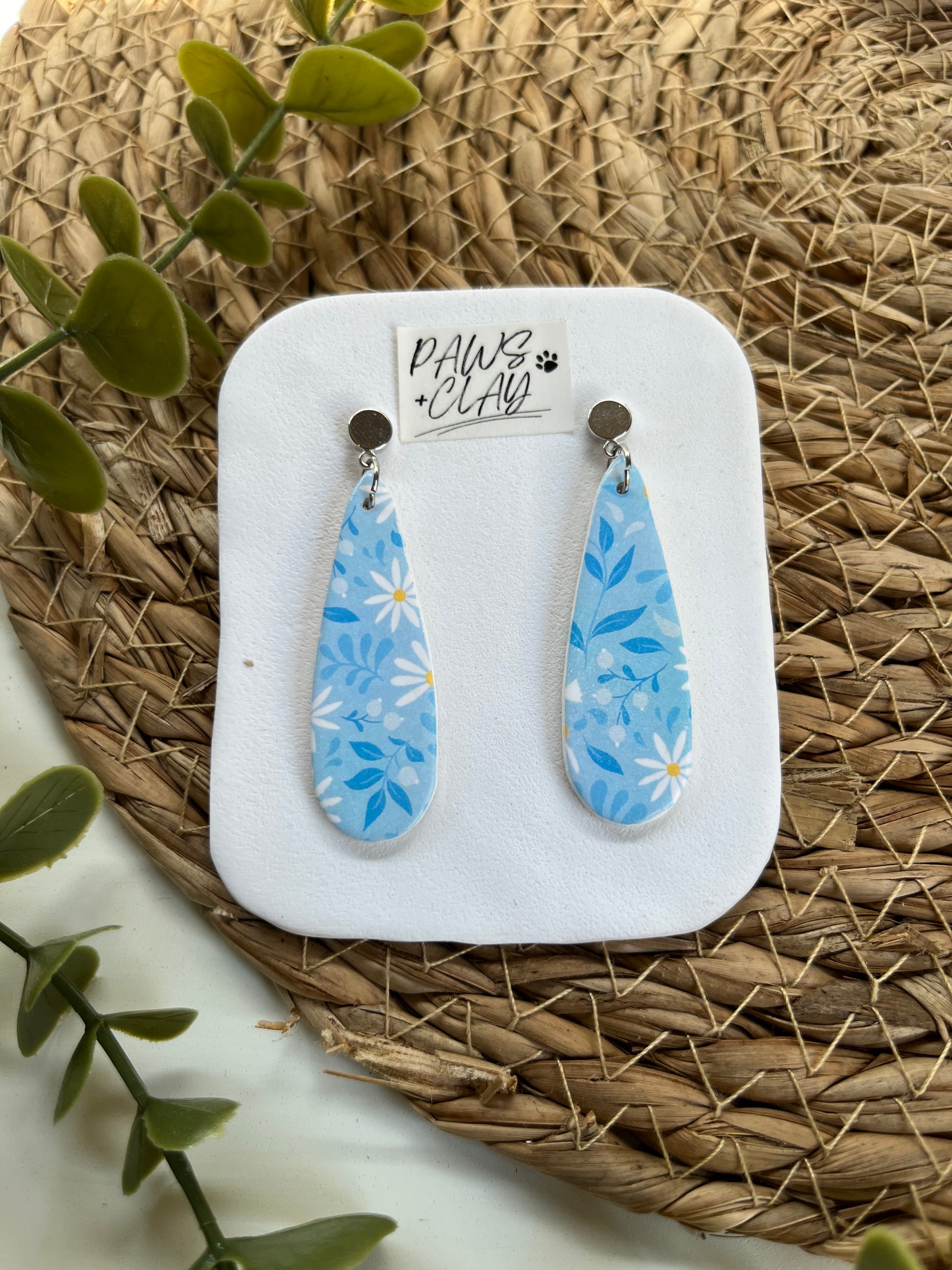 Blue and White Daisy Polymer Clay Earrings