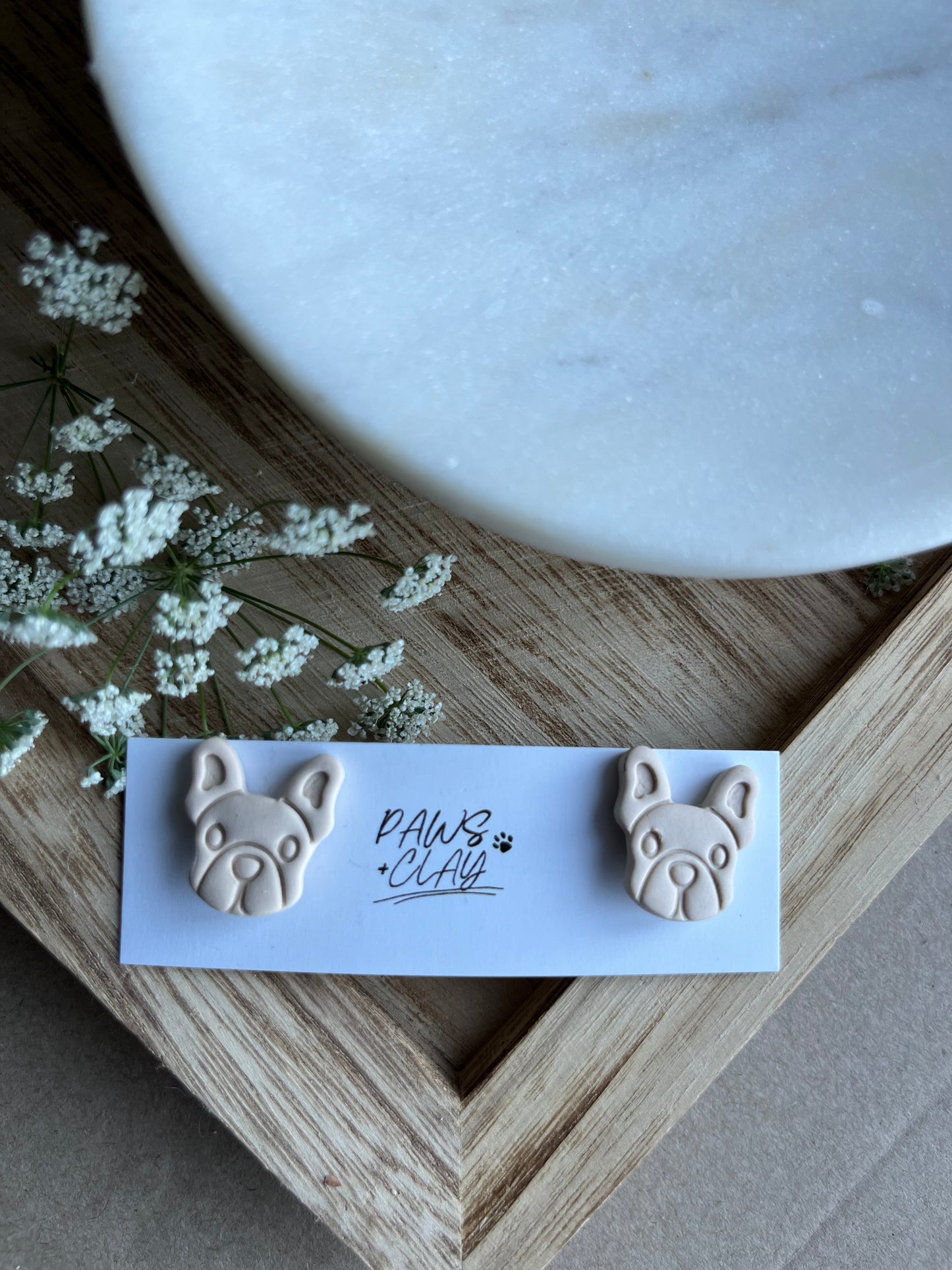 Cream Frenchie Polymer Clay Earring Studs