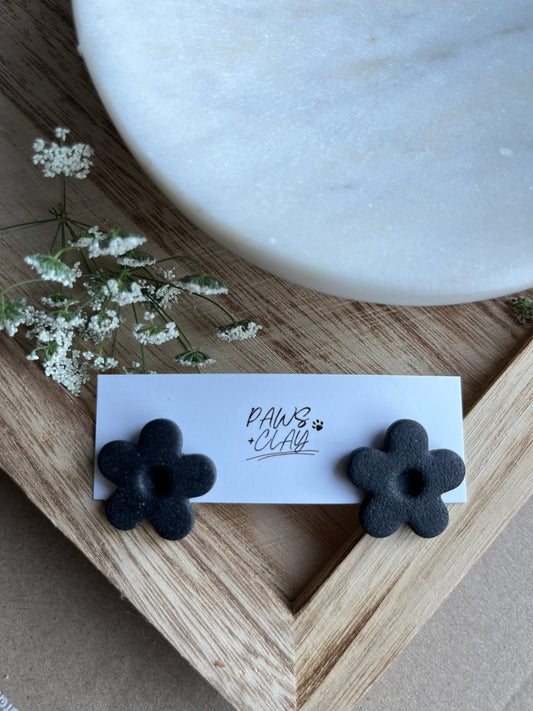 Black Flower Polymer Clay Earring Stud