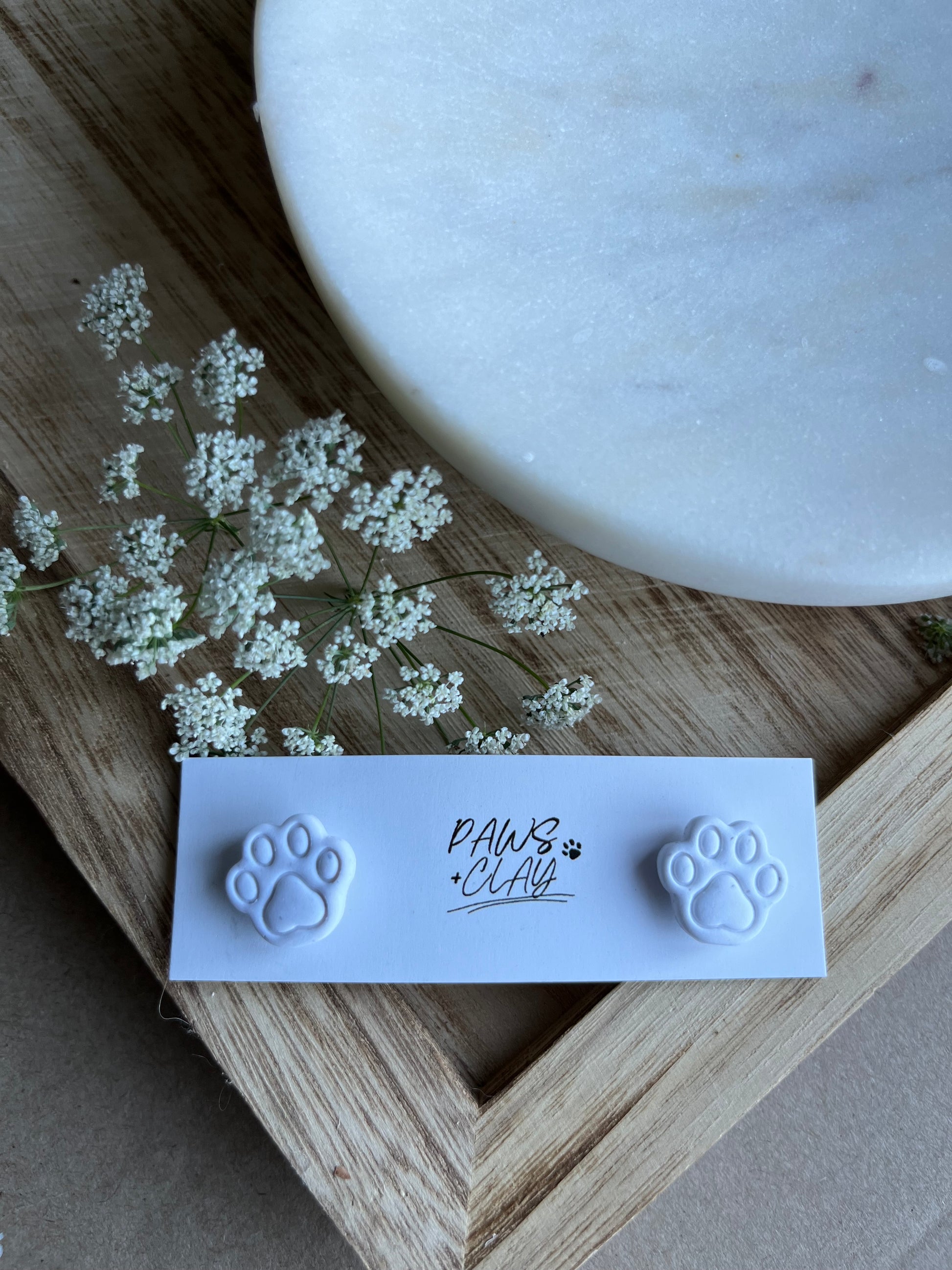 White Paw Print Polymer Clay Earring Studs