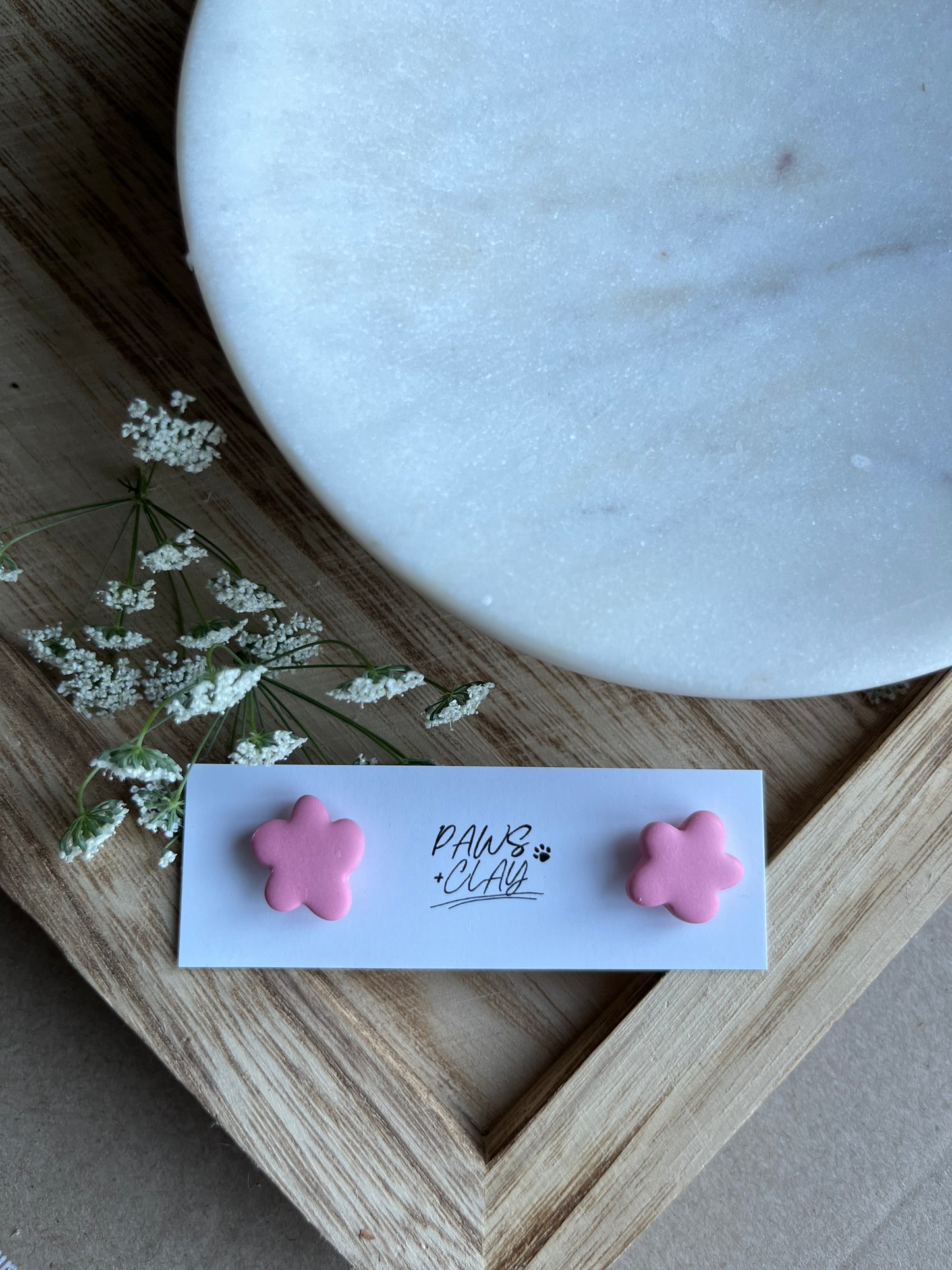 Pink Flower Polymer Clay Earring Studs