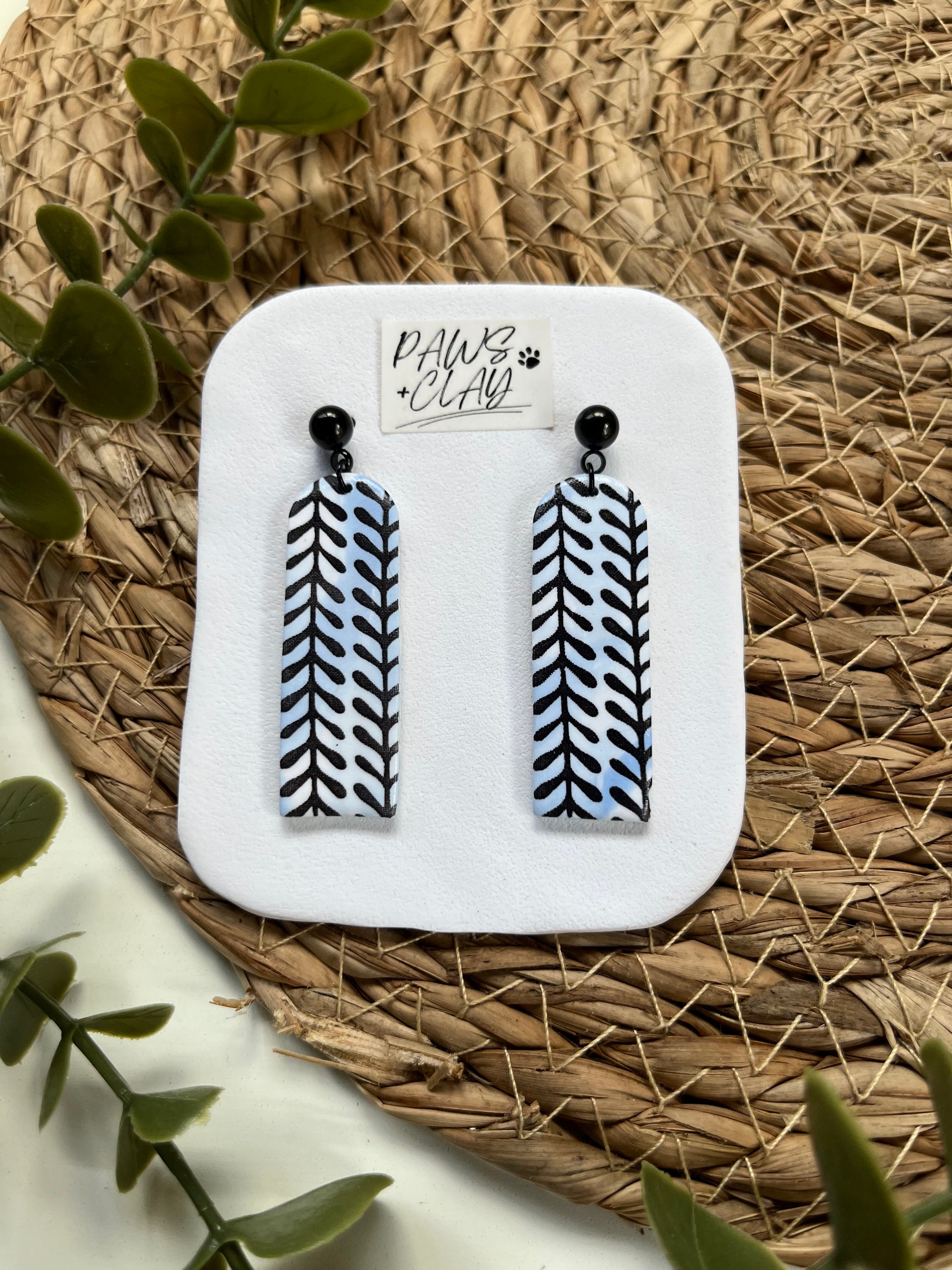 Black and Blue Leaf Pattern Polymer Clay Earrings