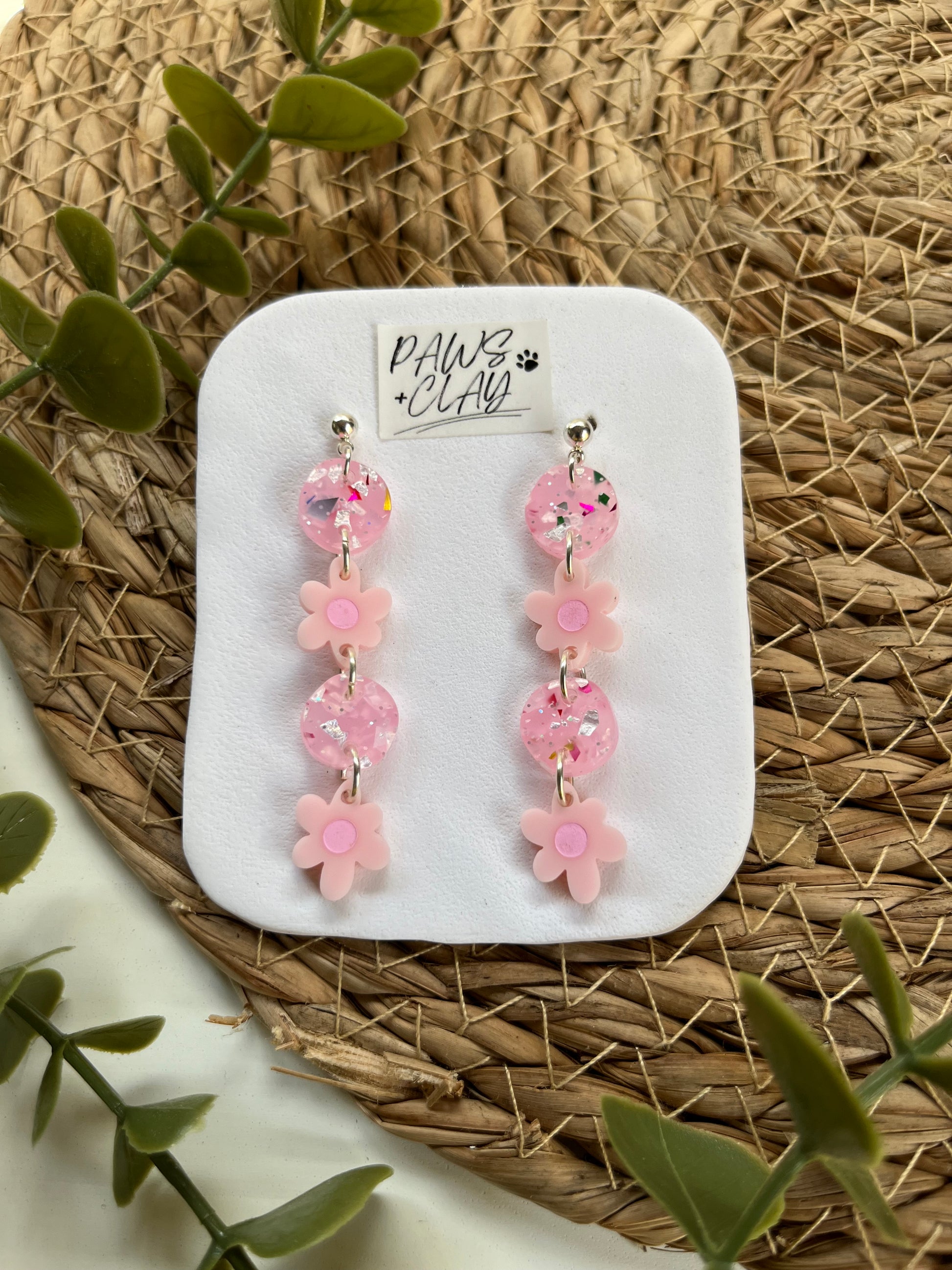 Pink Flower Chain Earrings