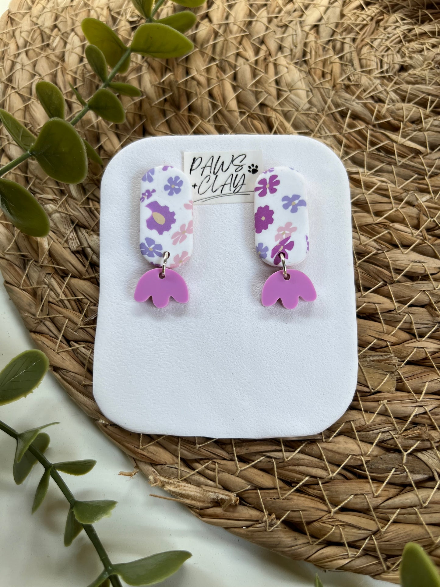 Oval purple and white floral polymer clay earrings