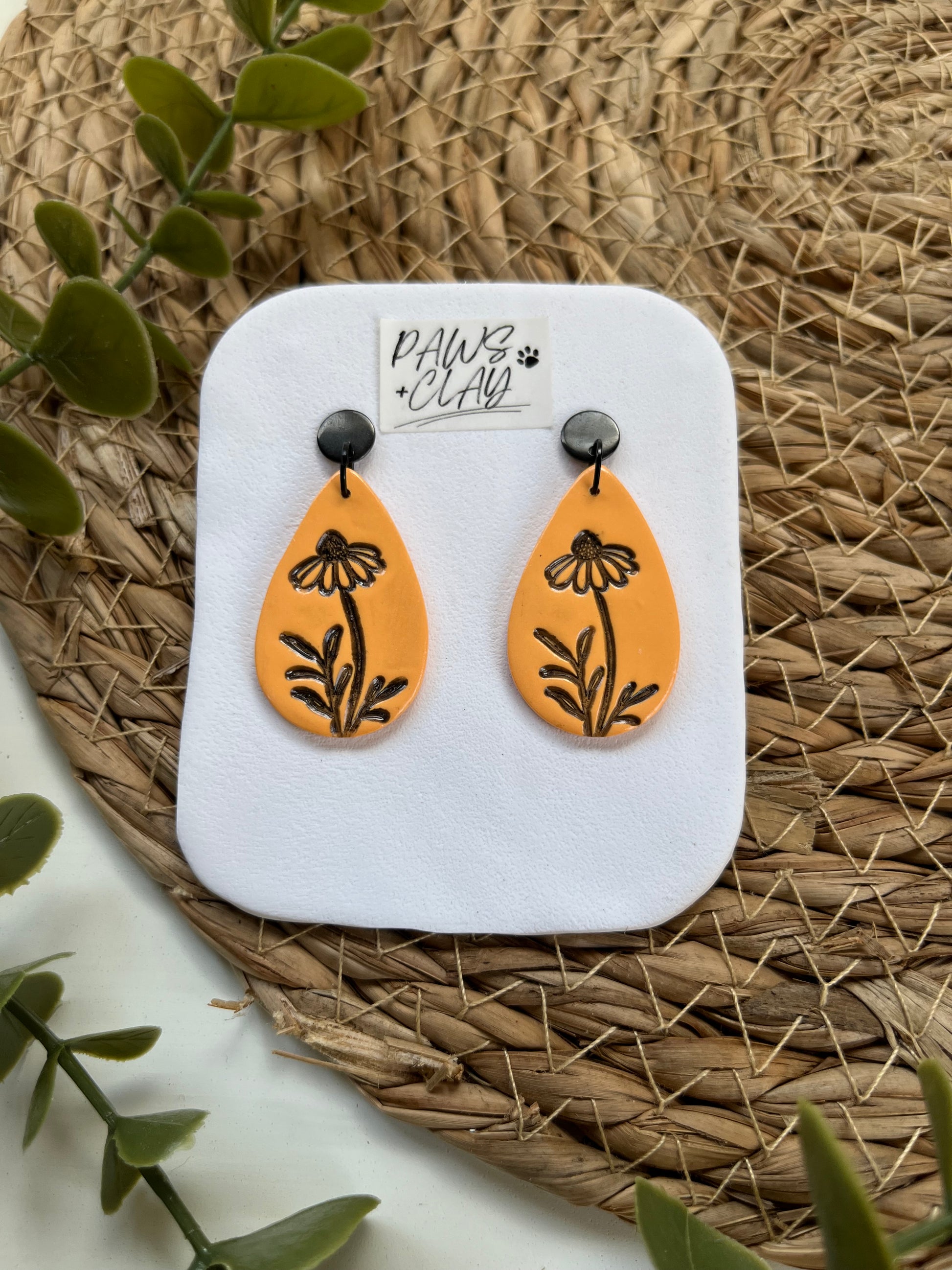 Orange Imprinted Flower Polymer Clay Earrings