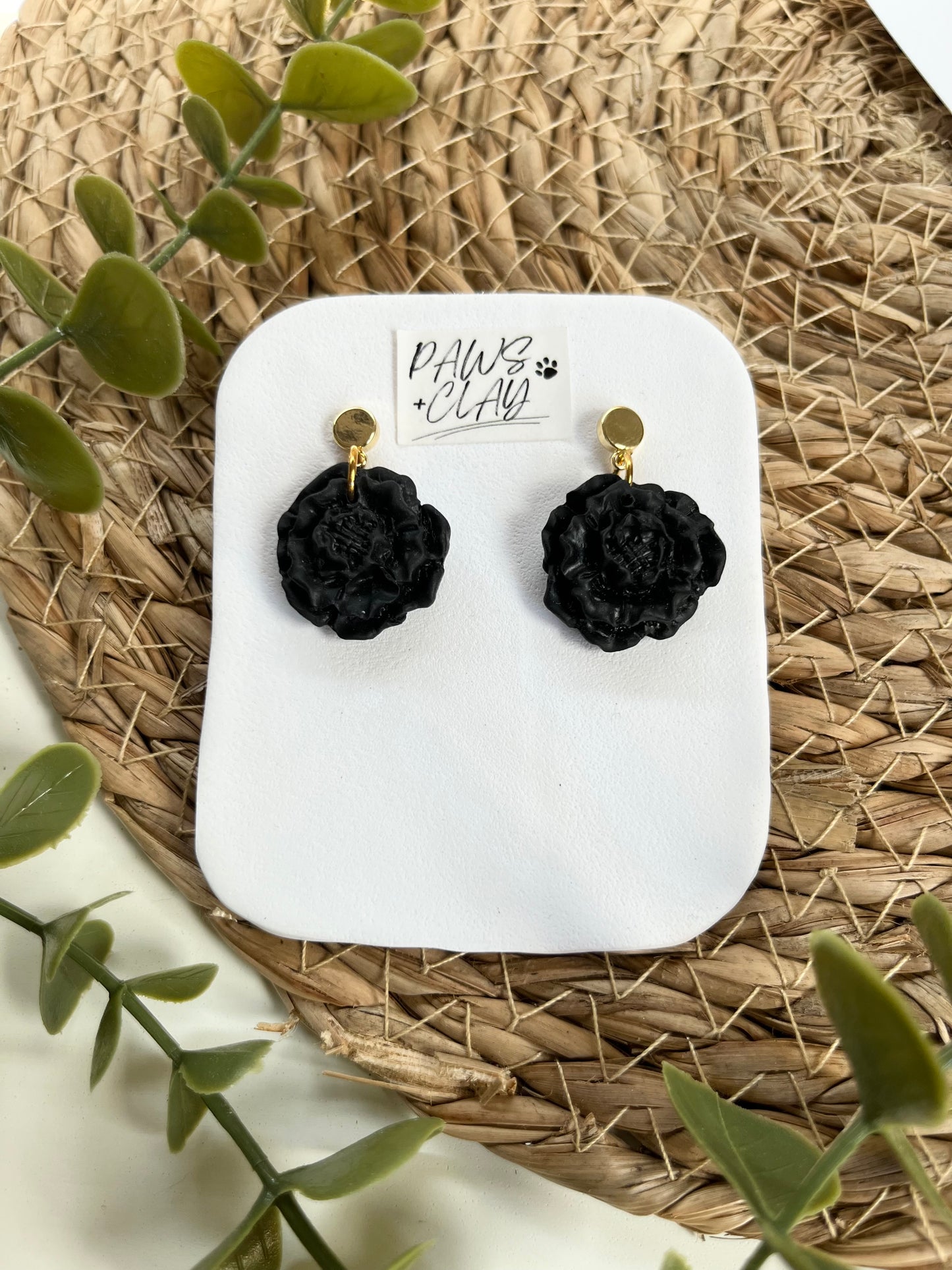 Black Flower Polymer Clay Earrings with Gold Finding