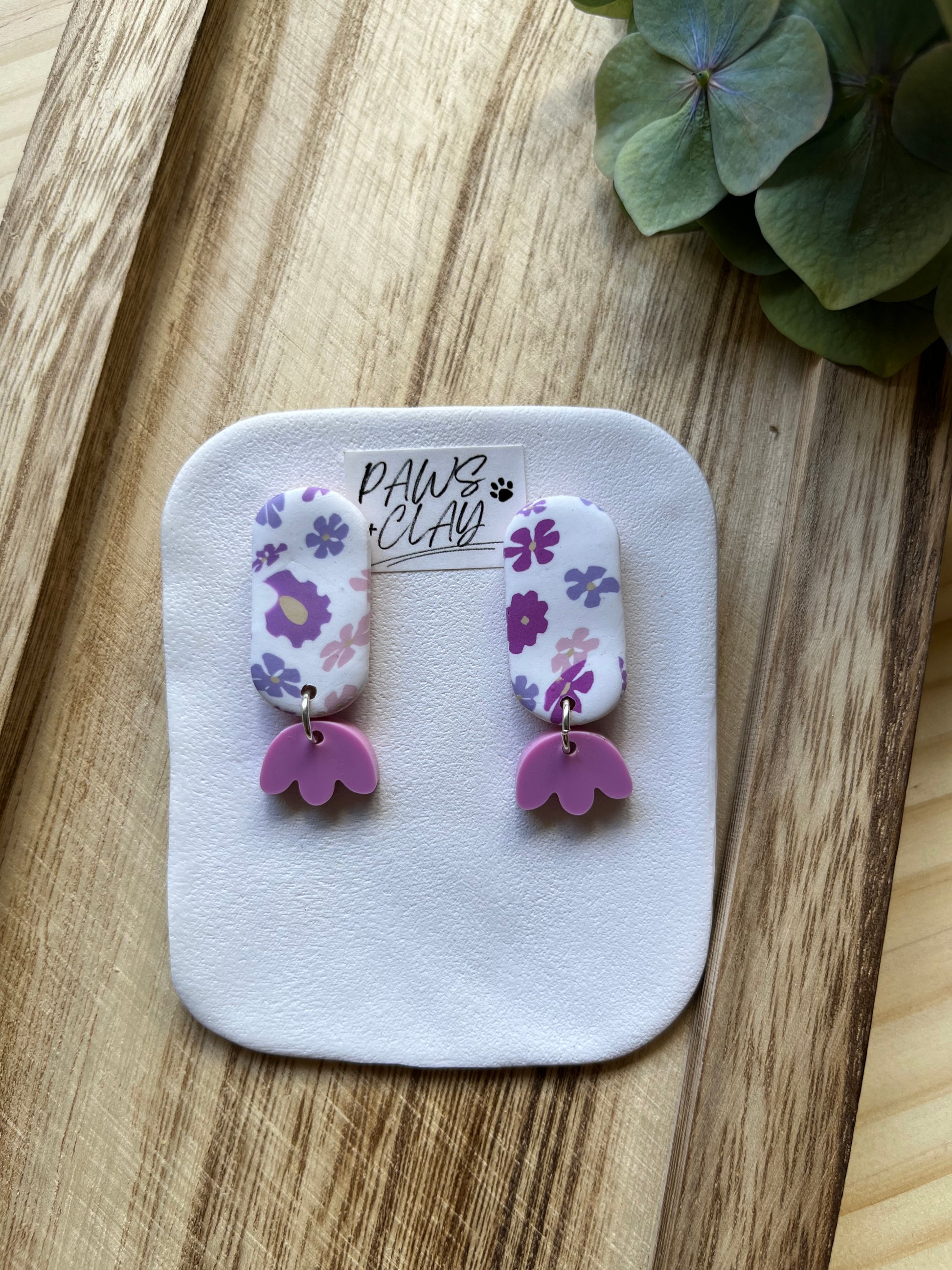 Oval purple and white floral polymer clay earrings