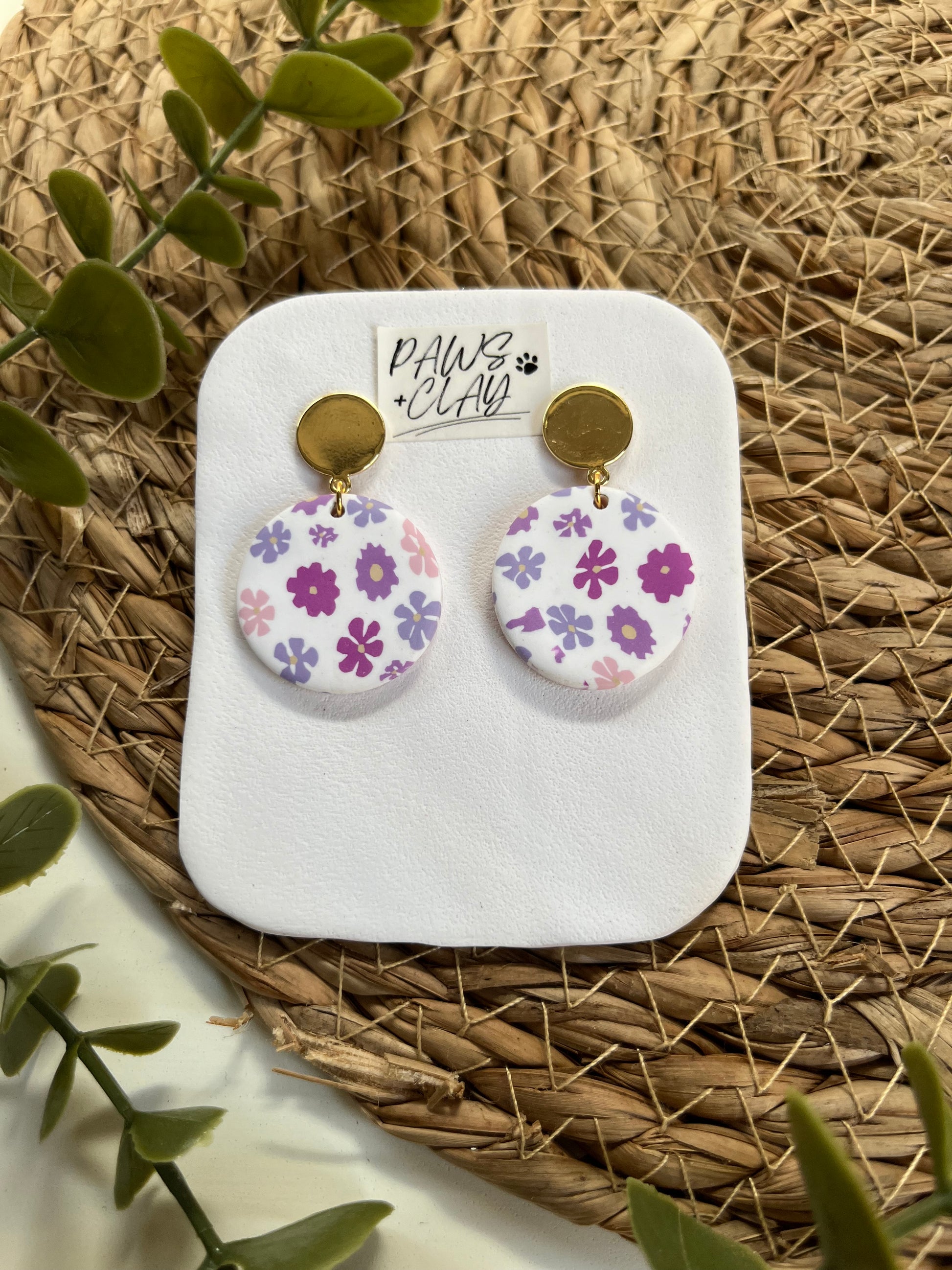 Round Purple and White Floral Polymer Clay Earrings