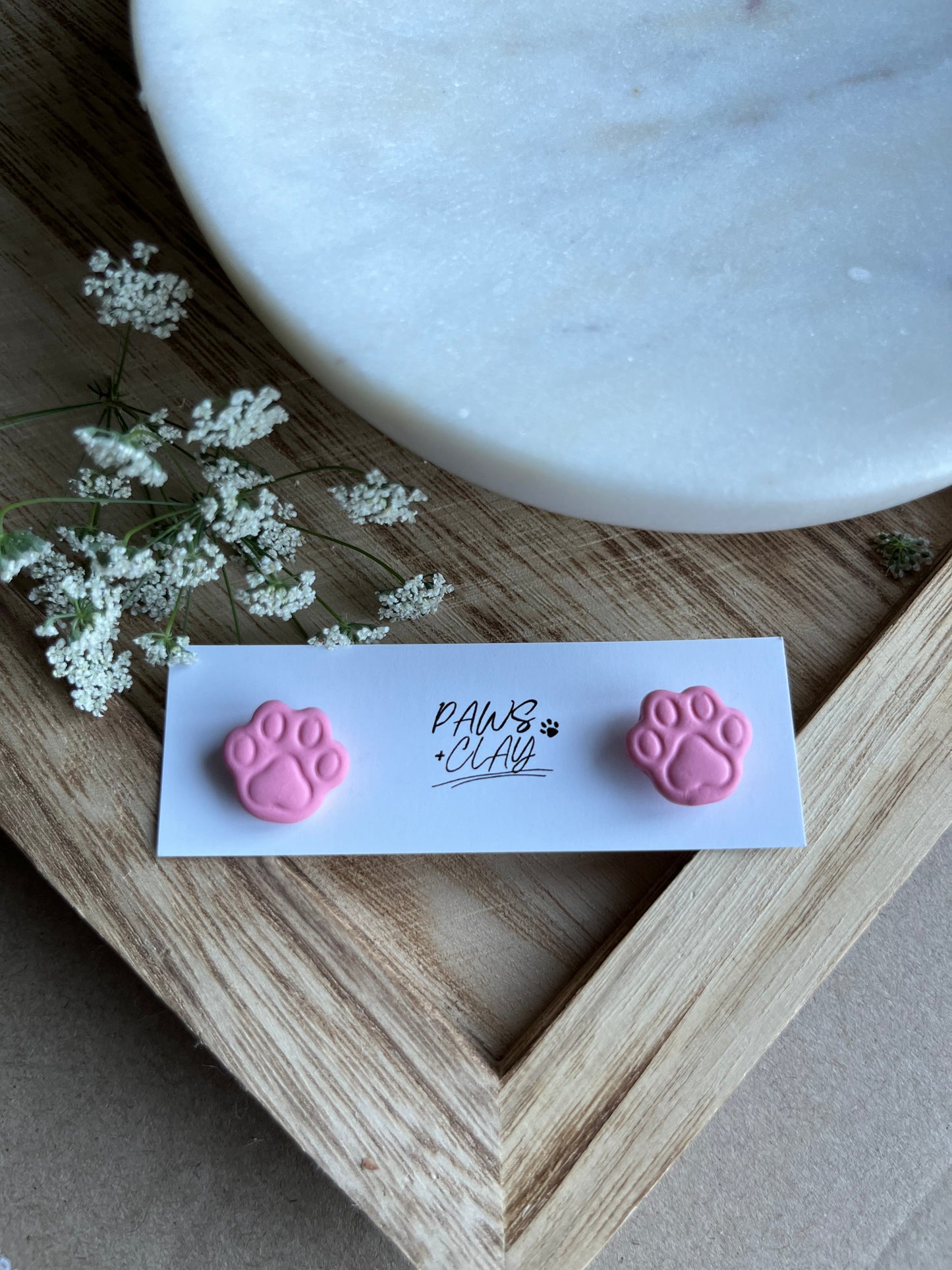 Pink Paw Print Polymer Clay Earring Studs