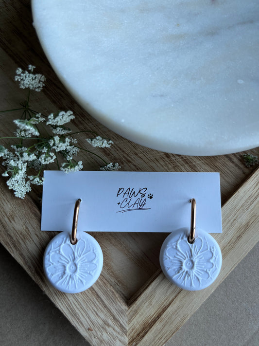 Round White Flower Print Huggie Earrings