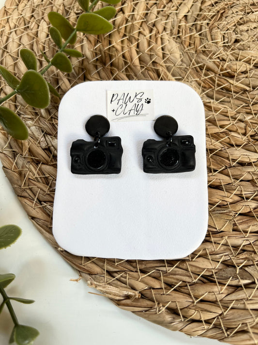 Black camera polymer clay earrings