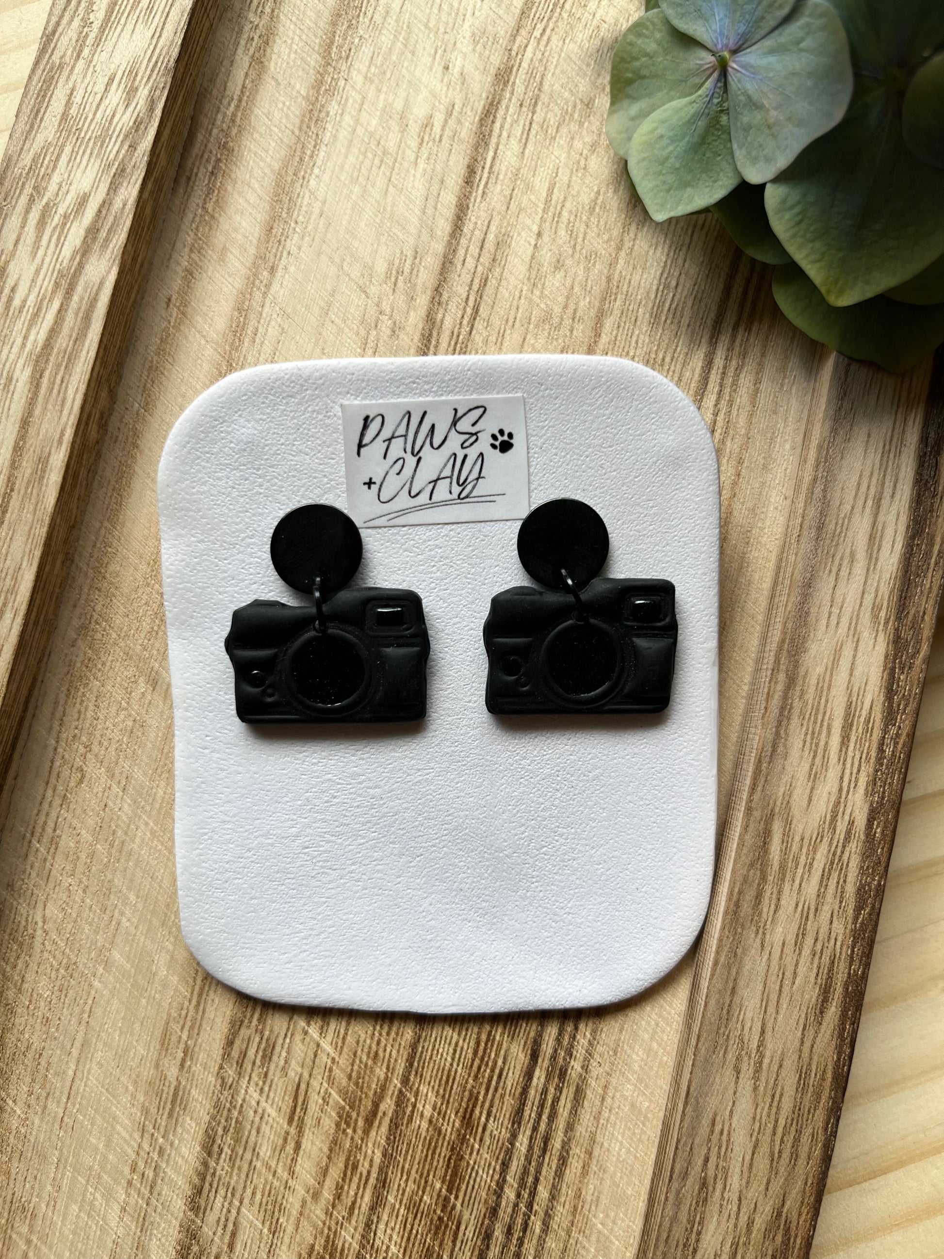 Black camera polymer clay earrings