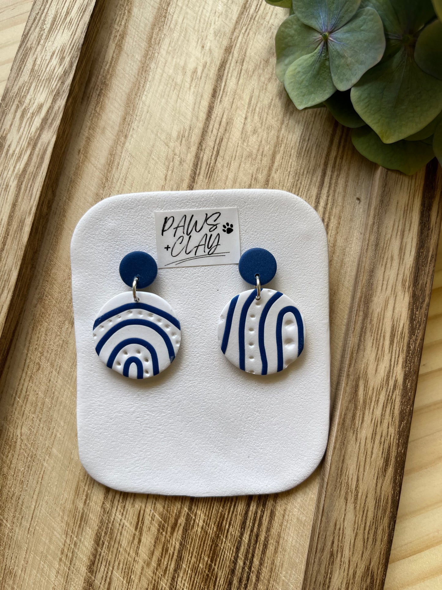 Navy and White Round Polymer Clay Earrings