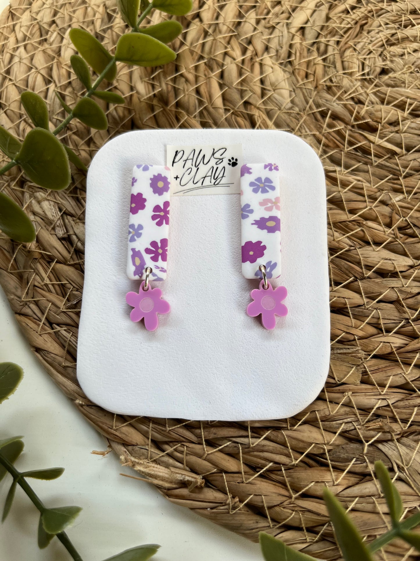 Purple and white Floral Polymer Clay Earrings