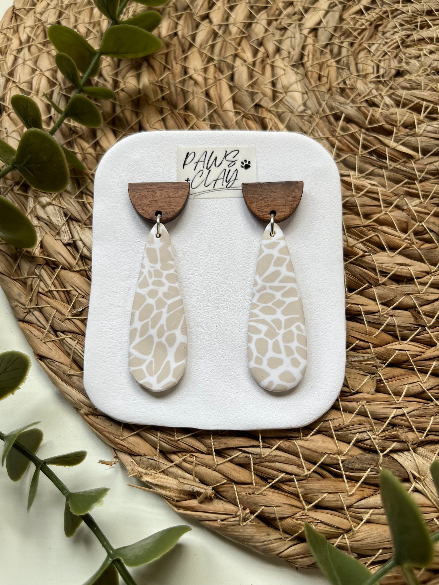 Cream and White Teardrop Polymer Clay Earrings