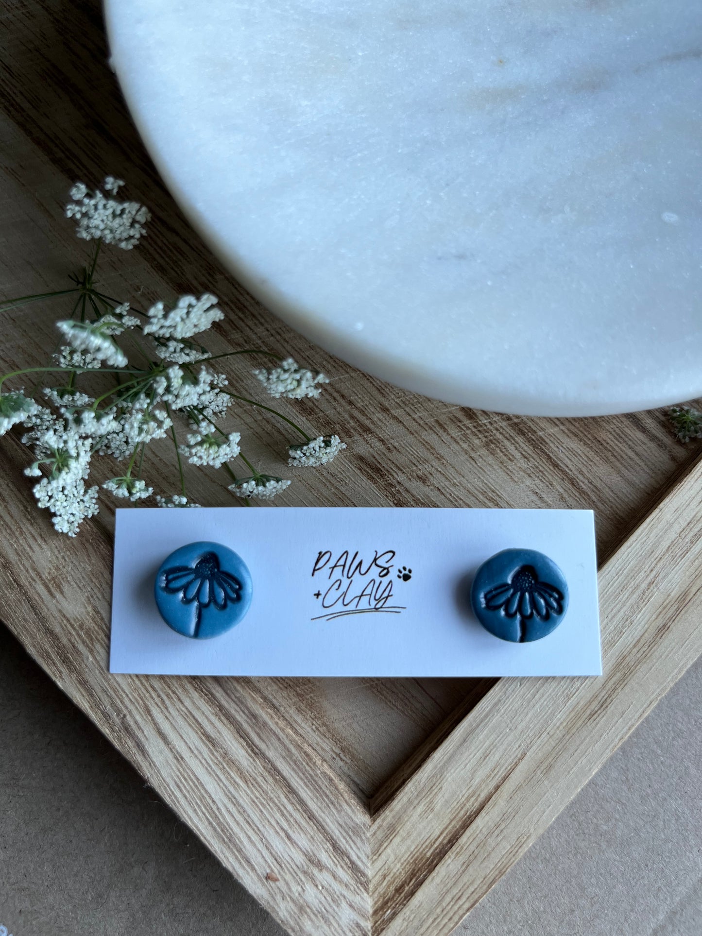 Blue Daisy Print Polymer Clay Earring Studs