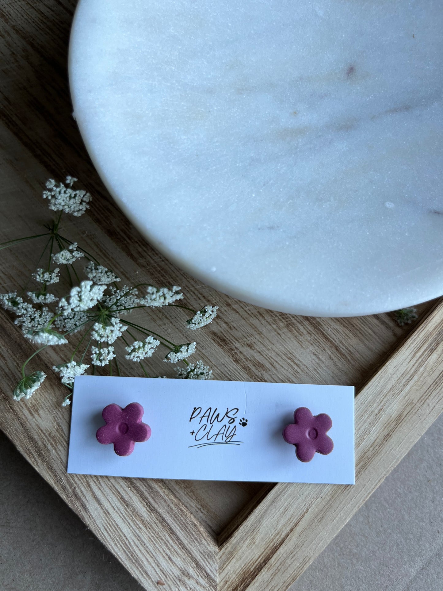 Burgundy Flower Polymer Clay Earring Studs