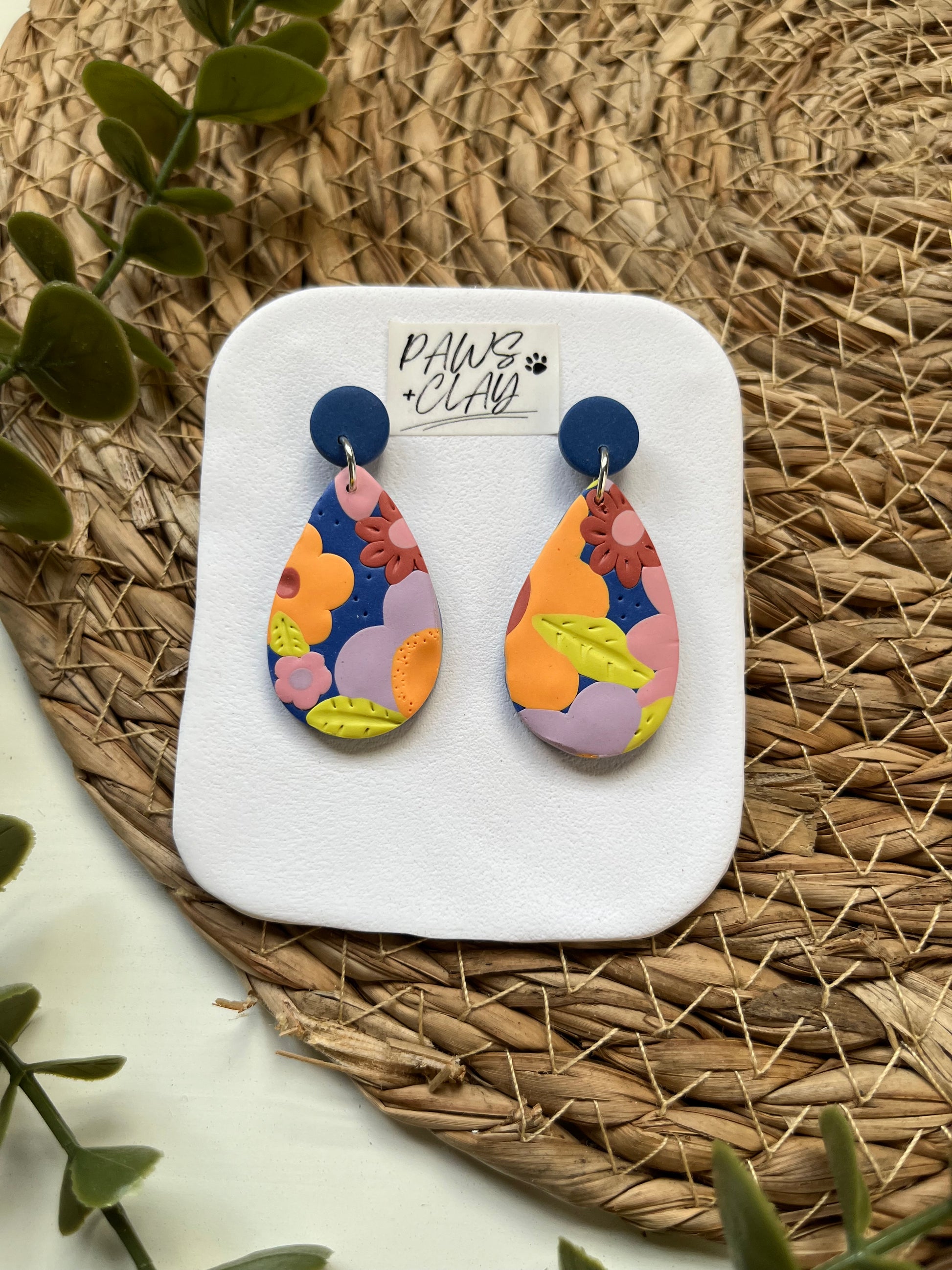 Blue Flower Patch Teardrop Polymer Clay Earrings