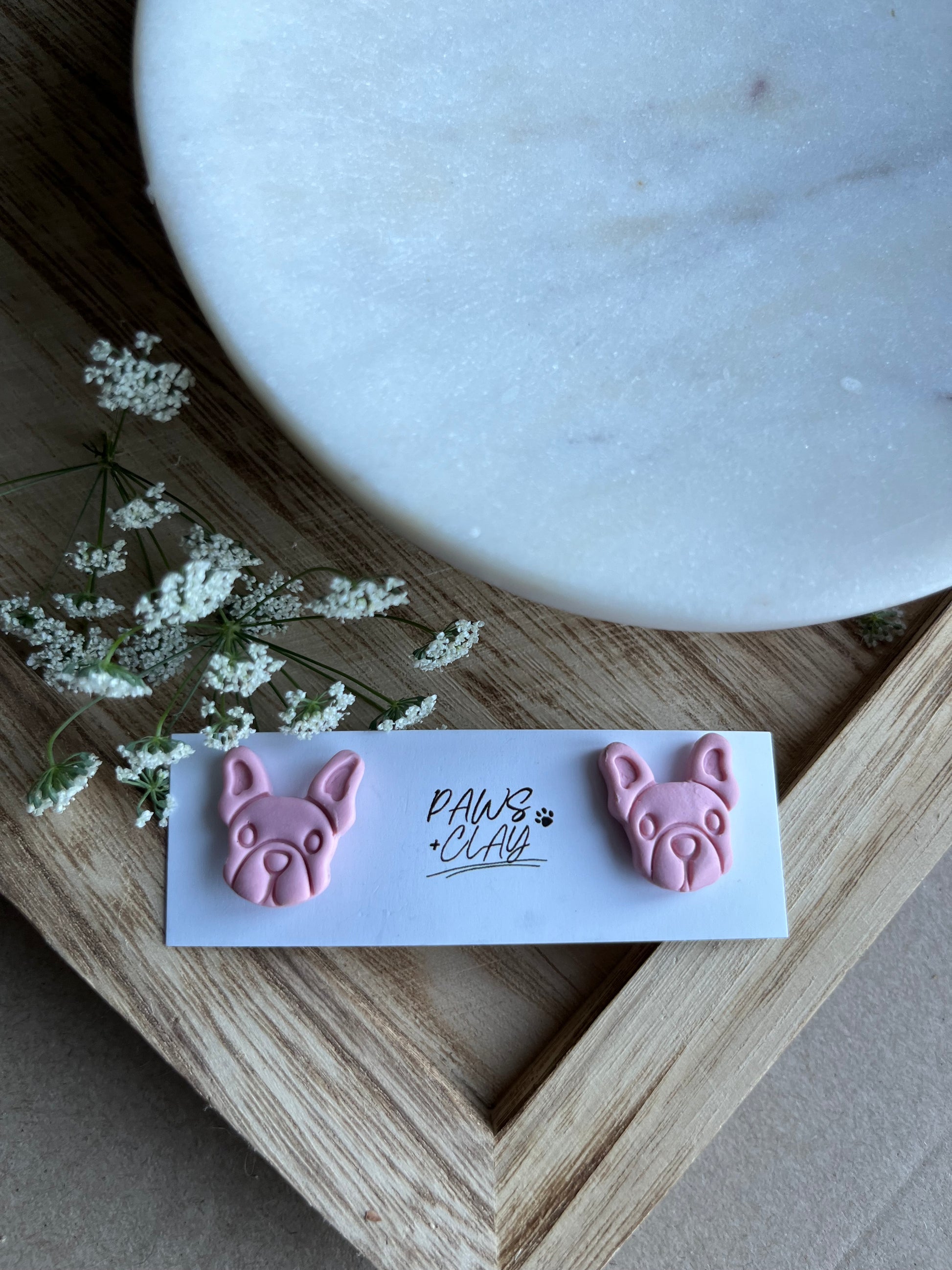 Pink Frenchie Polymer Clay Earring Studs