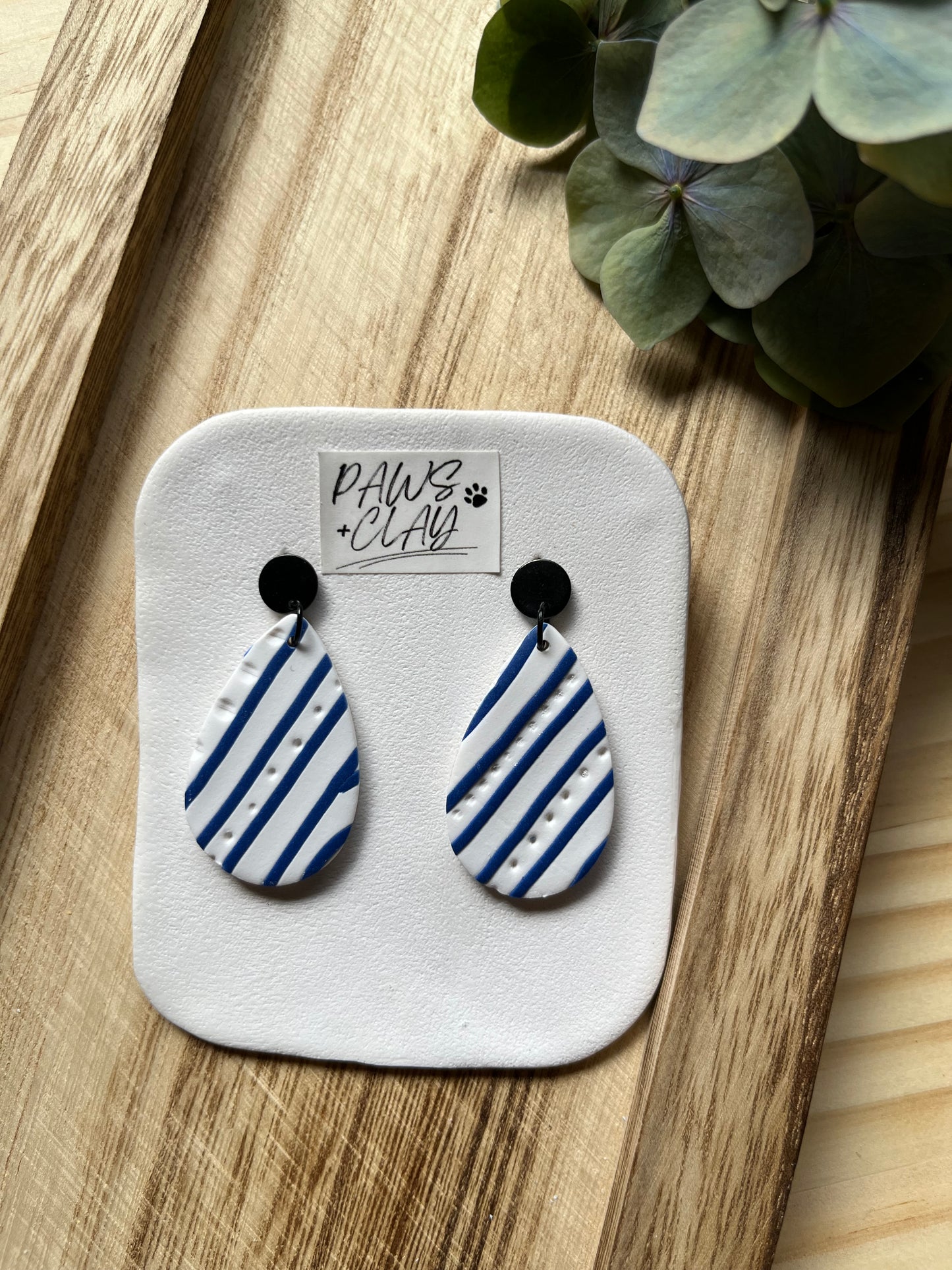 Navy and White Stripe Polymer Clay Earrings