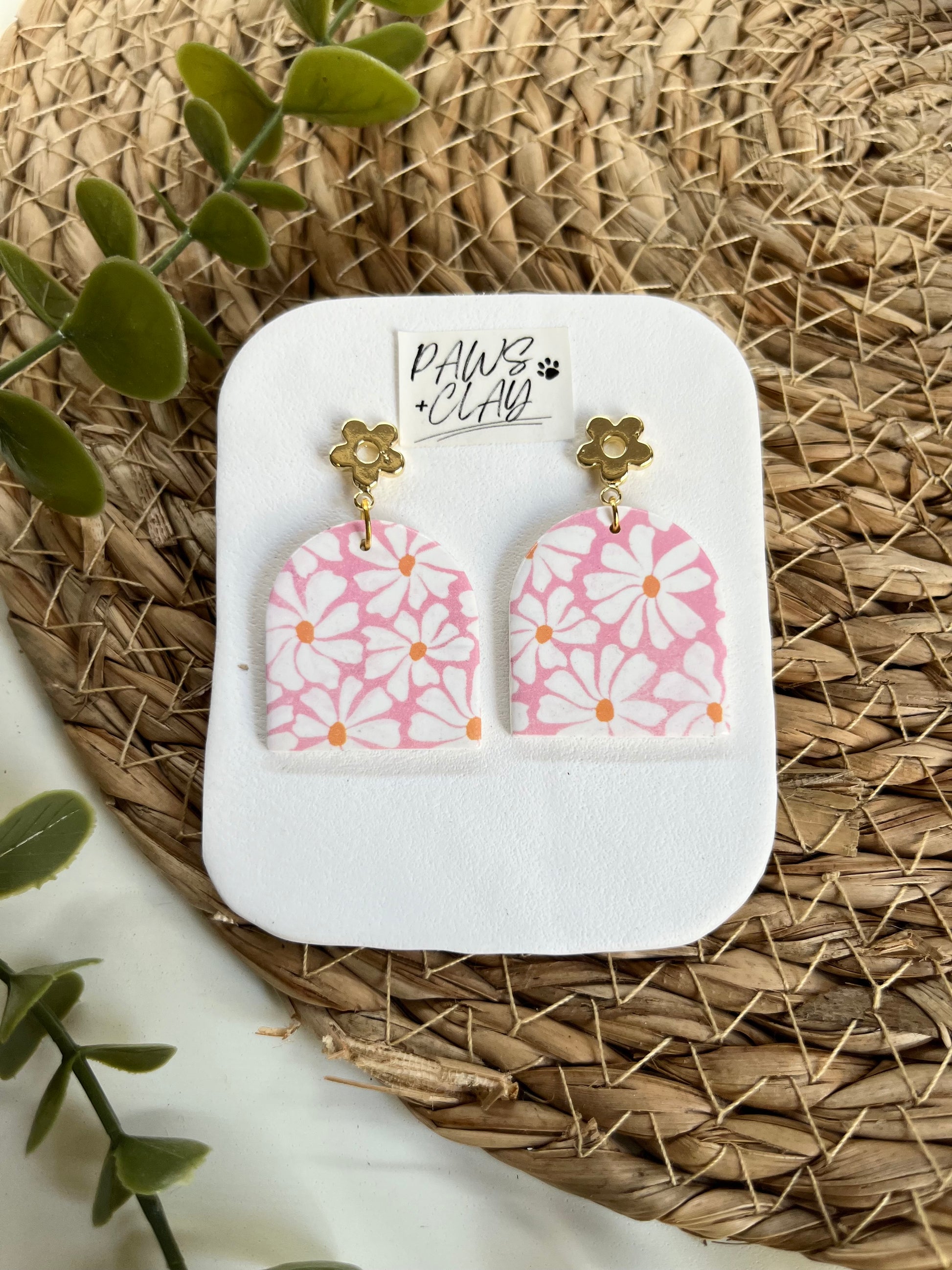 Pink and White Daisy Polymer Clay Earrings