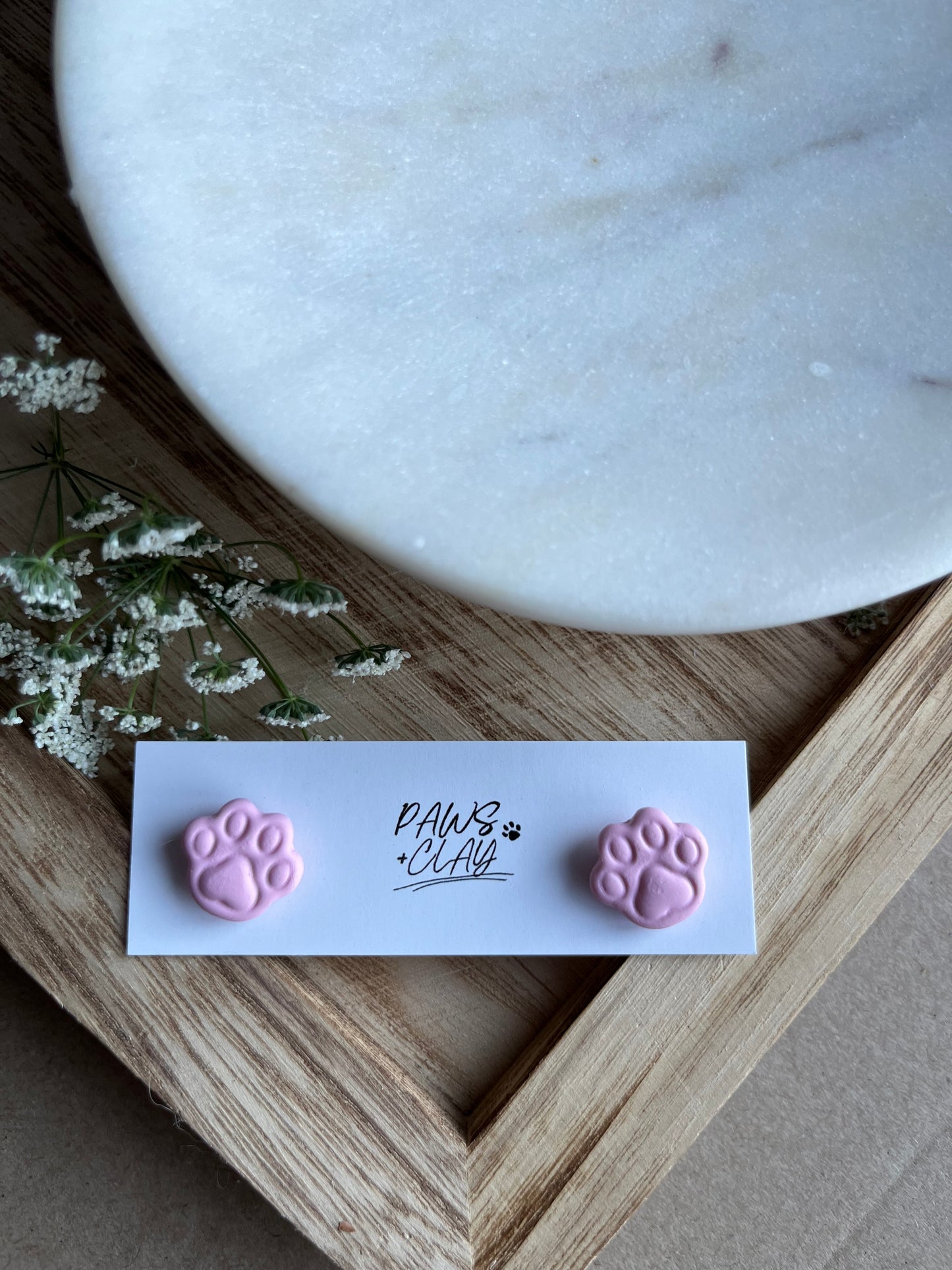 Pink Paw Print Polymer Clay Earring Studs