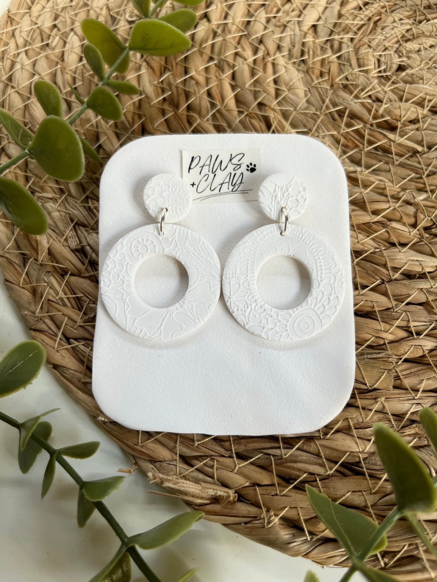 White Floral Arched Polymer Clay Earrings