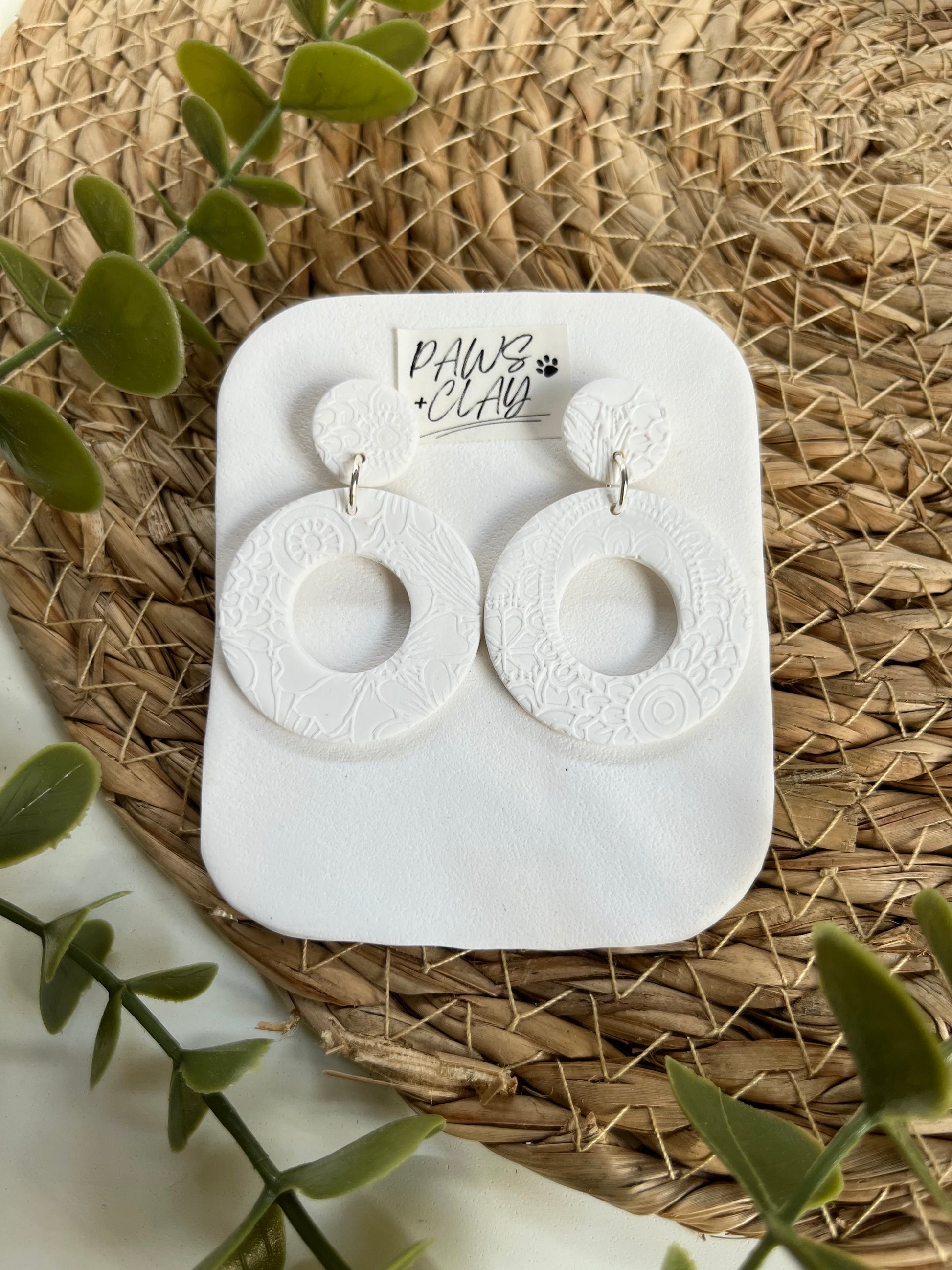 White Floral Arched Polymer Clay Earrings