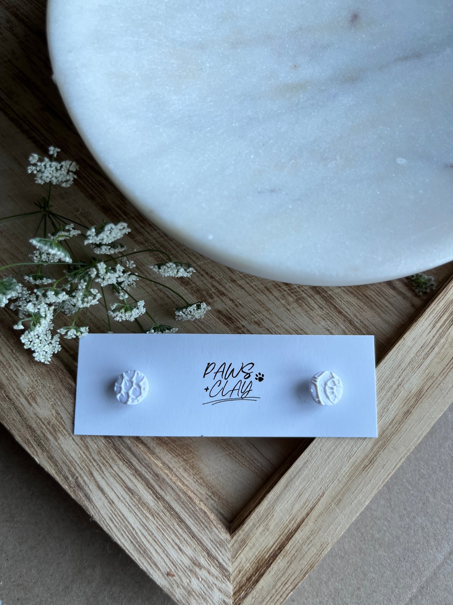 Round Floral White Polymer Clay Earring Studs