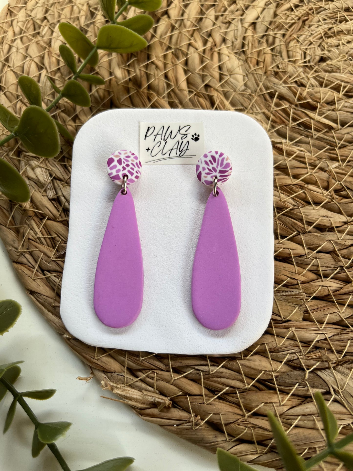 Purple and White Teardrop Polymer Clay Earrings