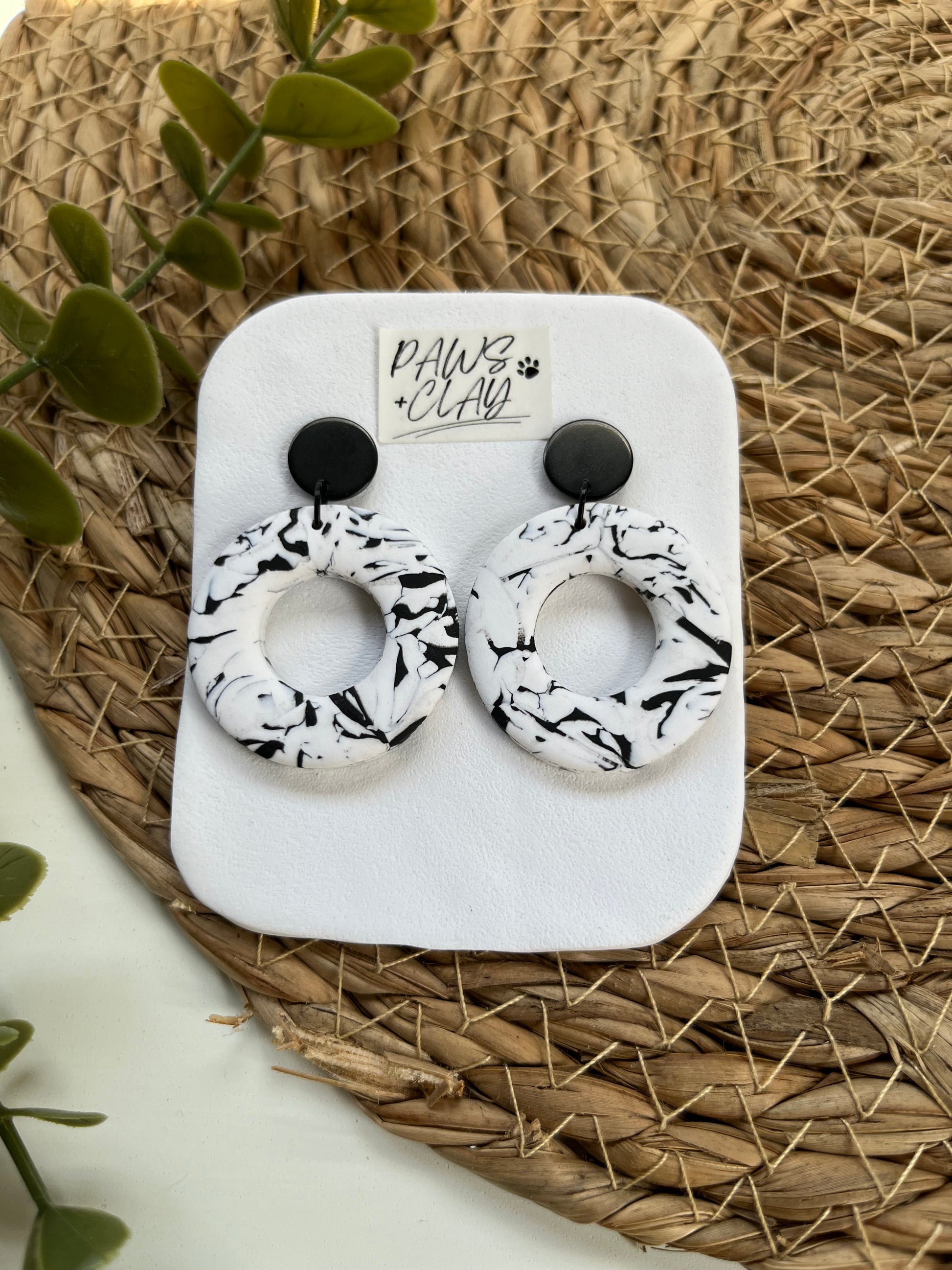 Black and White Marbled Polymer Clay Earrings