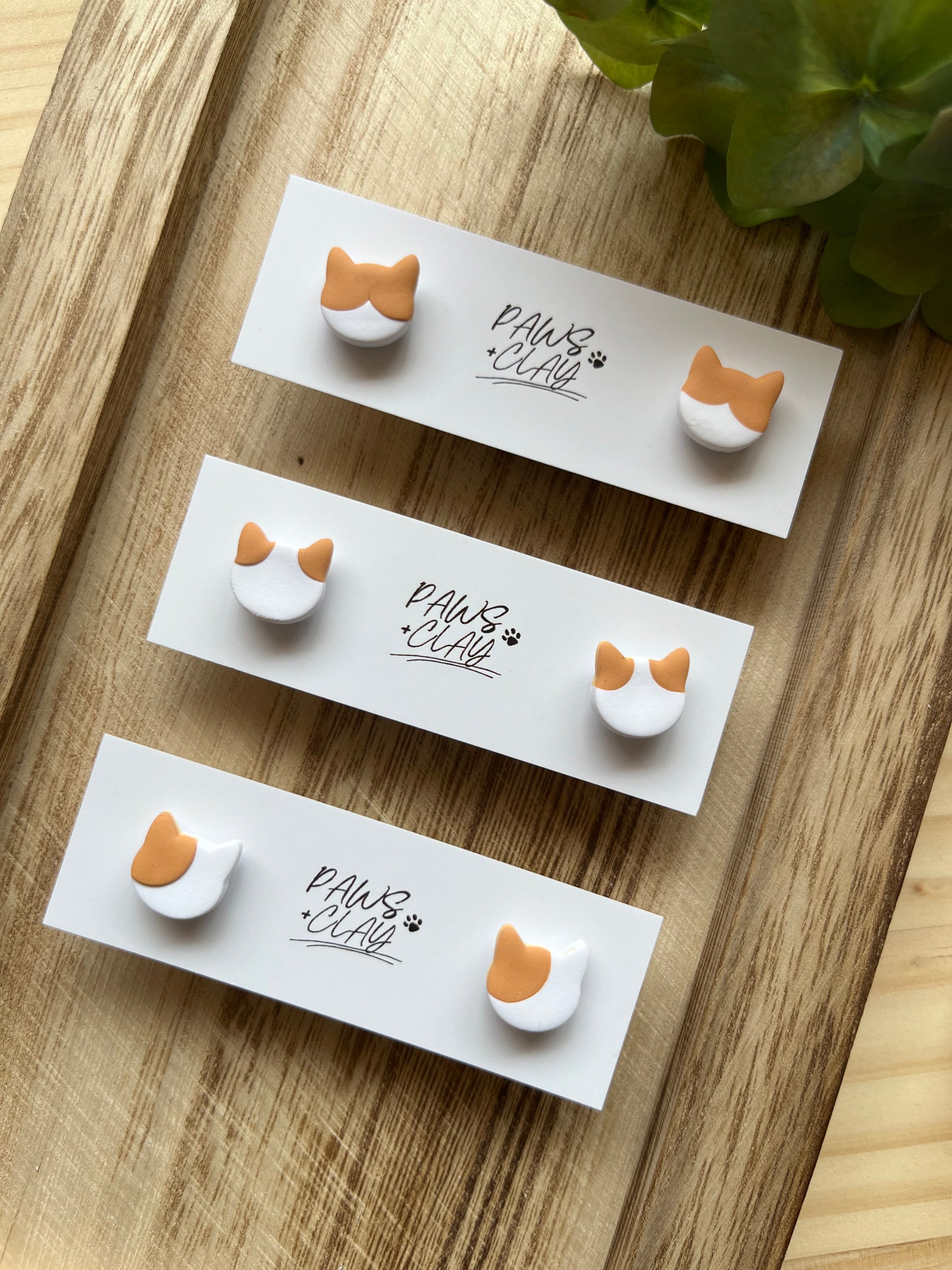 Ginger and White Cat Head Polymer Clay Earrings