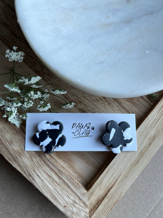 Black and White Flower Polymer Clay Earring Studs