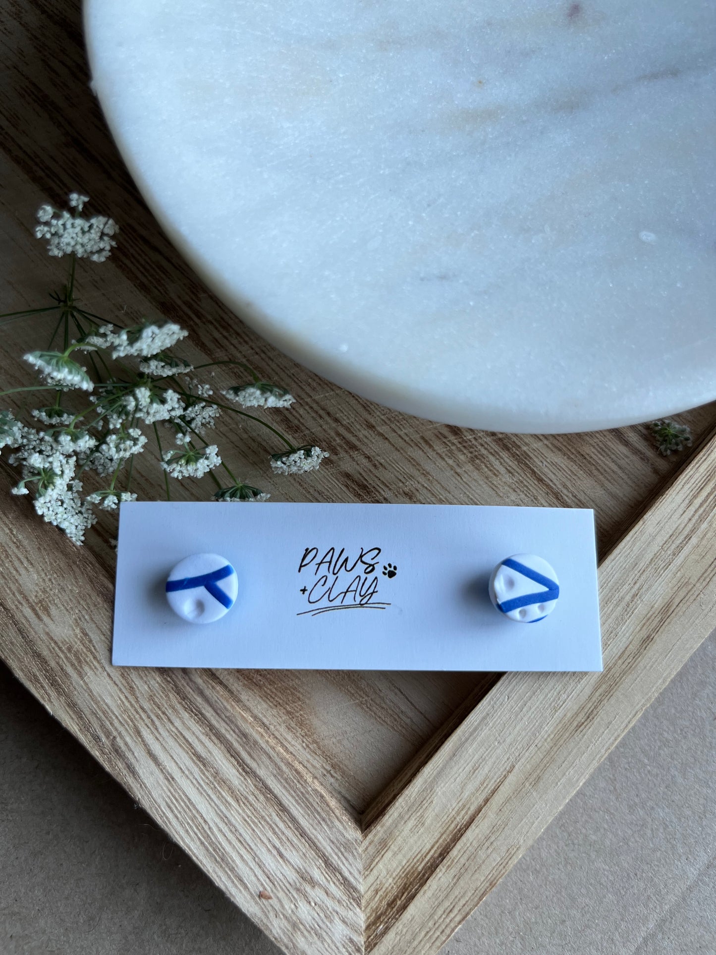 Round Navy and White Polymer Clay Earring Studs