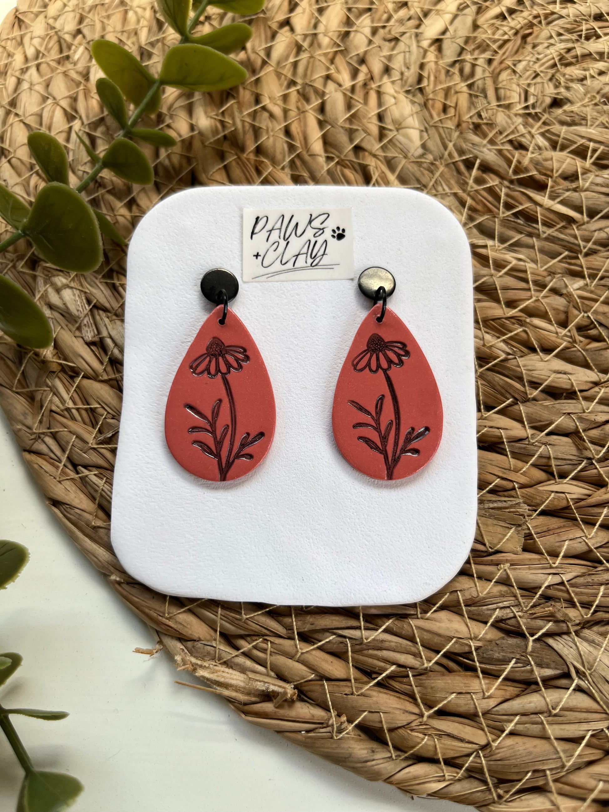 Red Imprinted Flower Polymer Clay Earrings