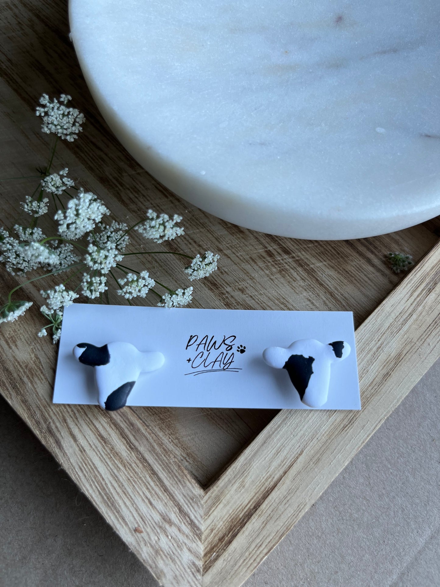 Black and White Cow Polymer Clay Earring Studs