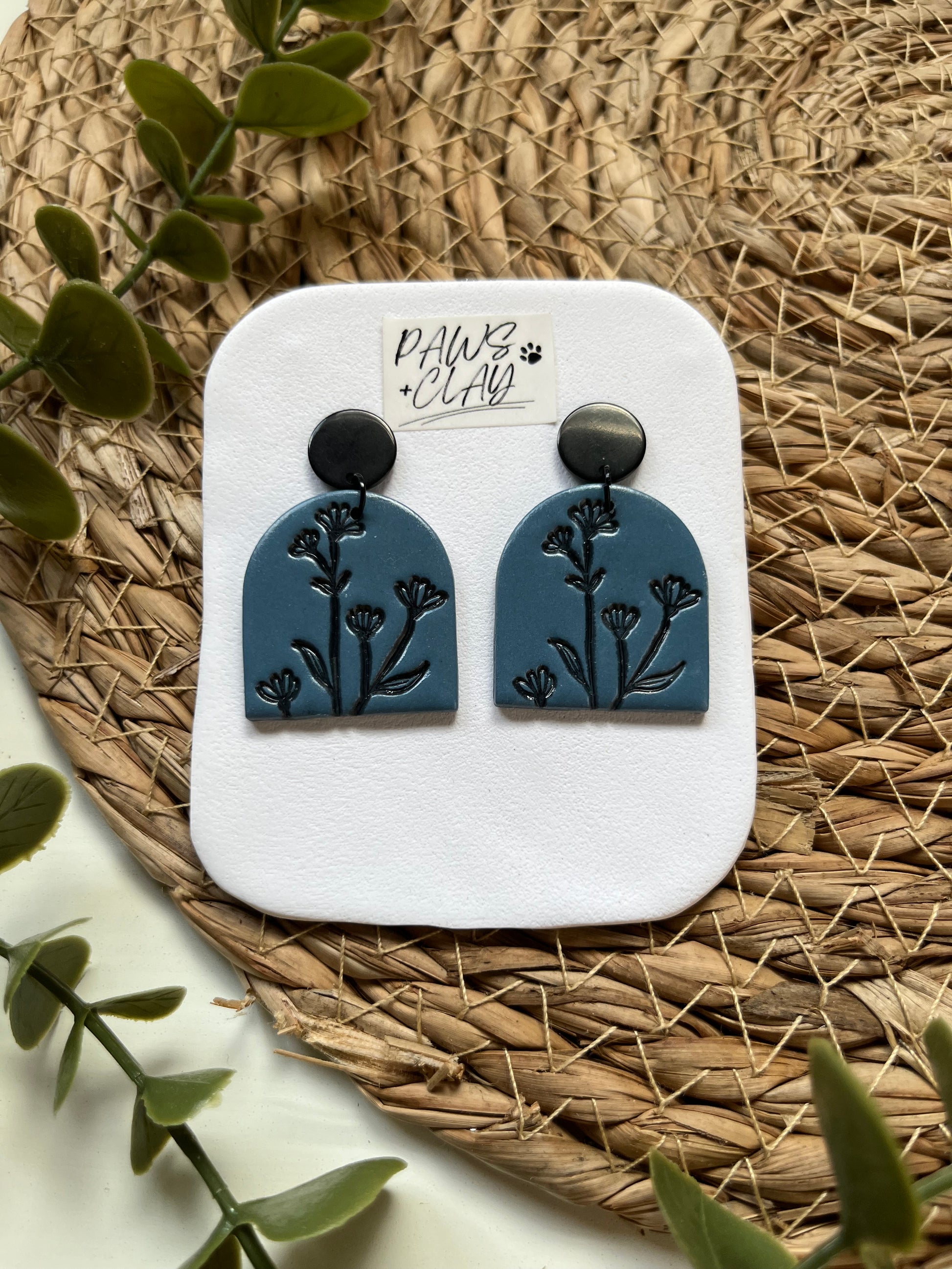 Denim Blue Flower Print Polymer Clay Earrings