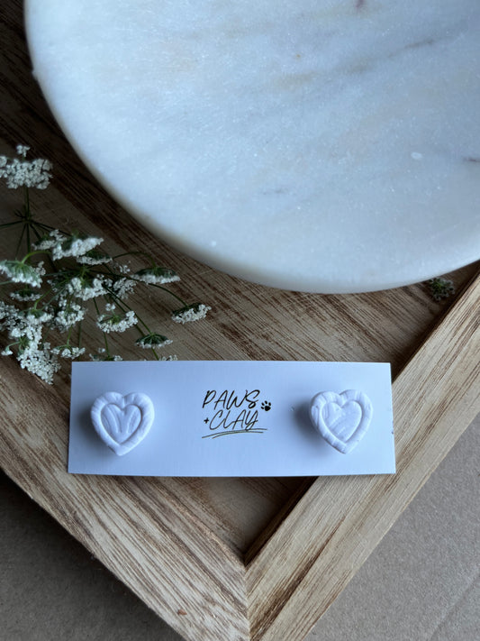 White Embossed Heart Polymer Clay Earring Studs