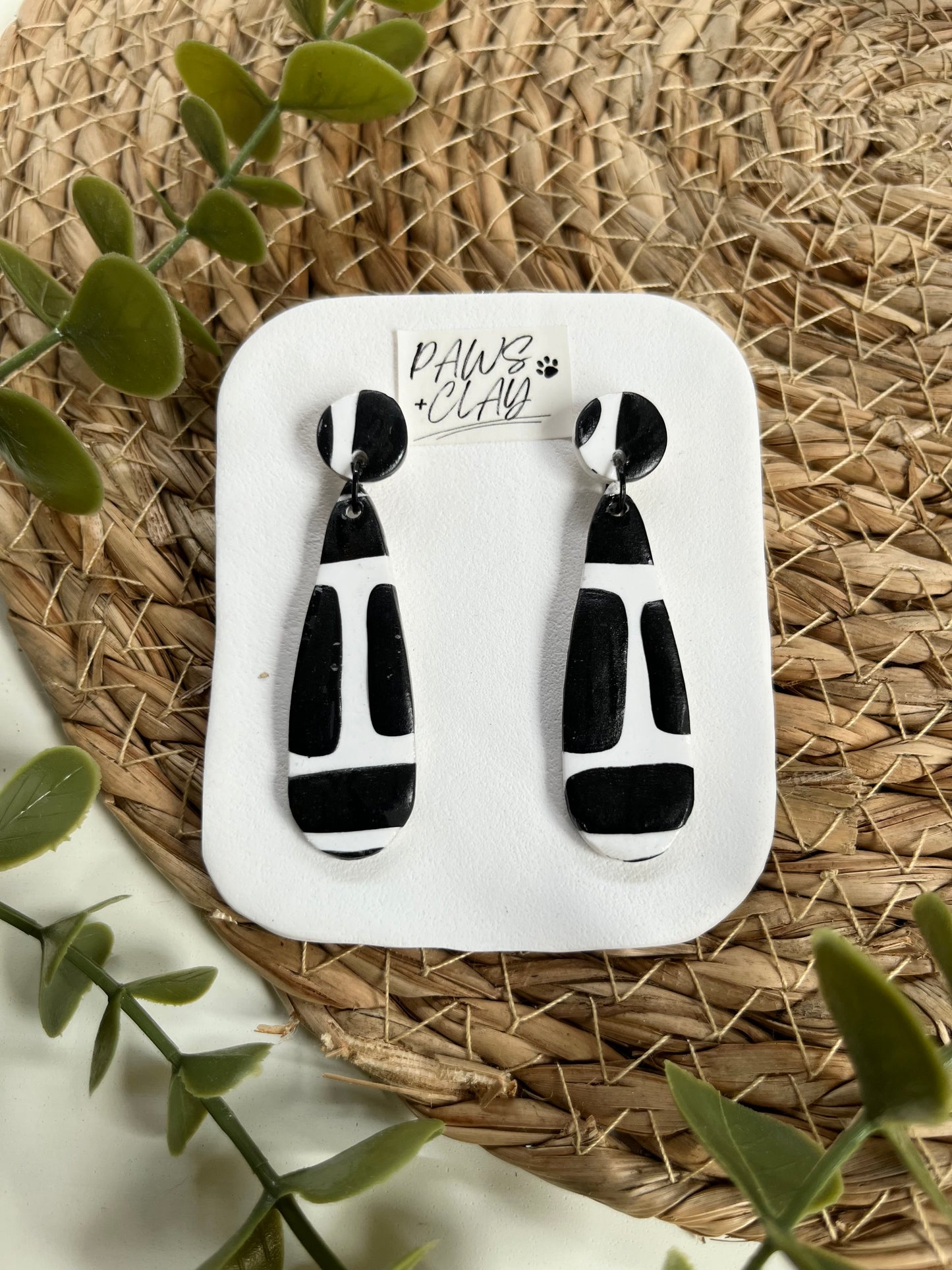 Black and white patterned tear drop shapes polymer clay earrings