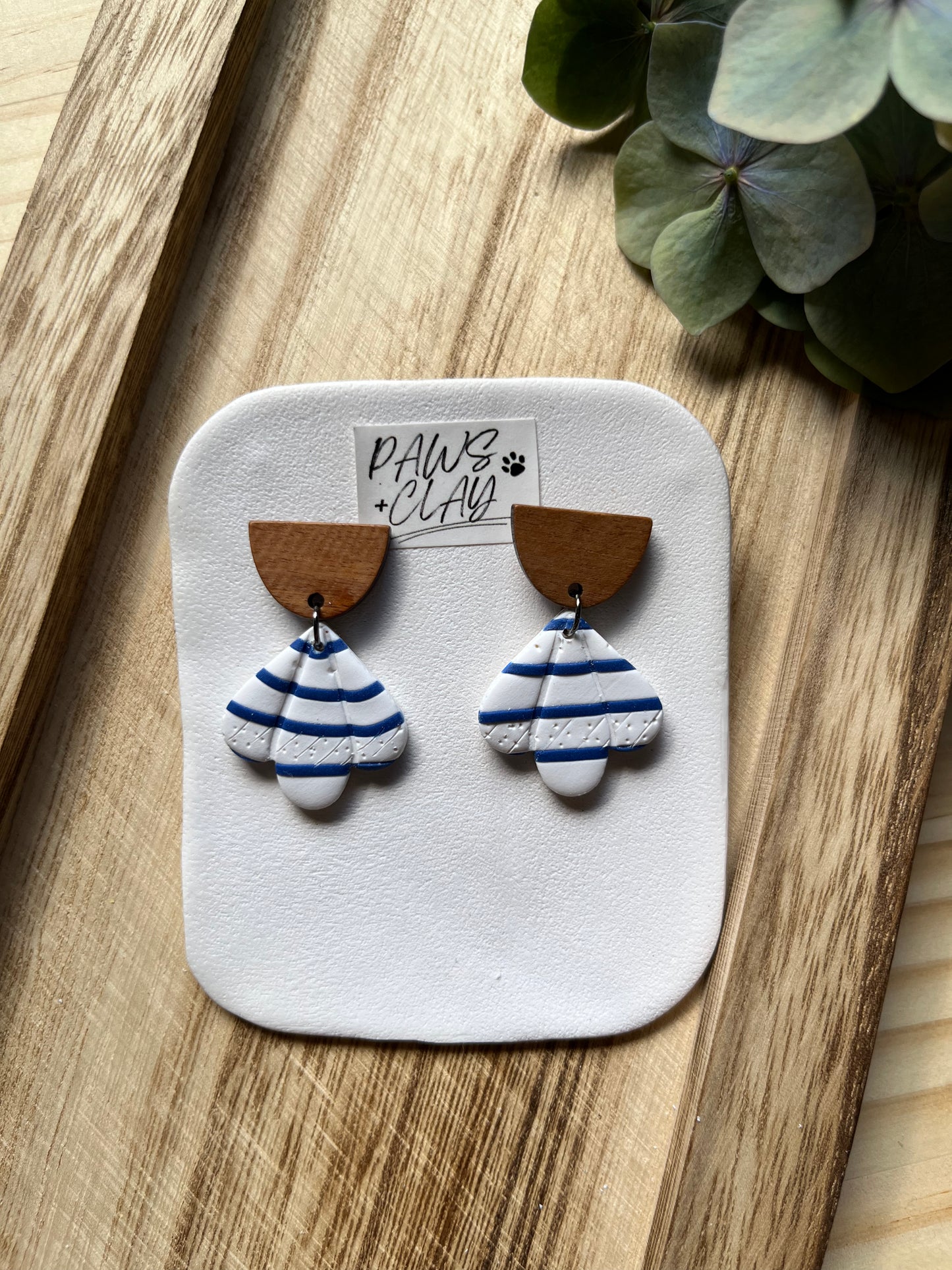 Navy and White Striped Petal Polymer Clay Earrings with Wooden Top